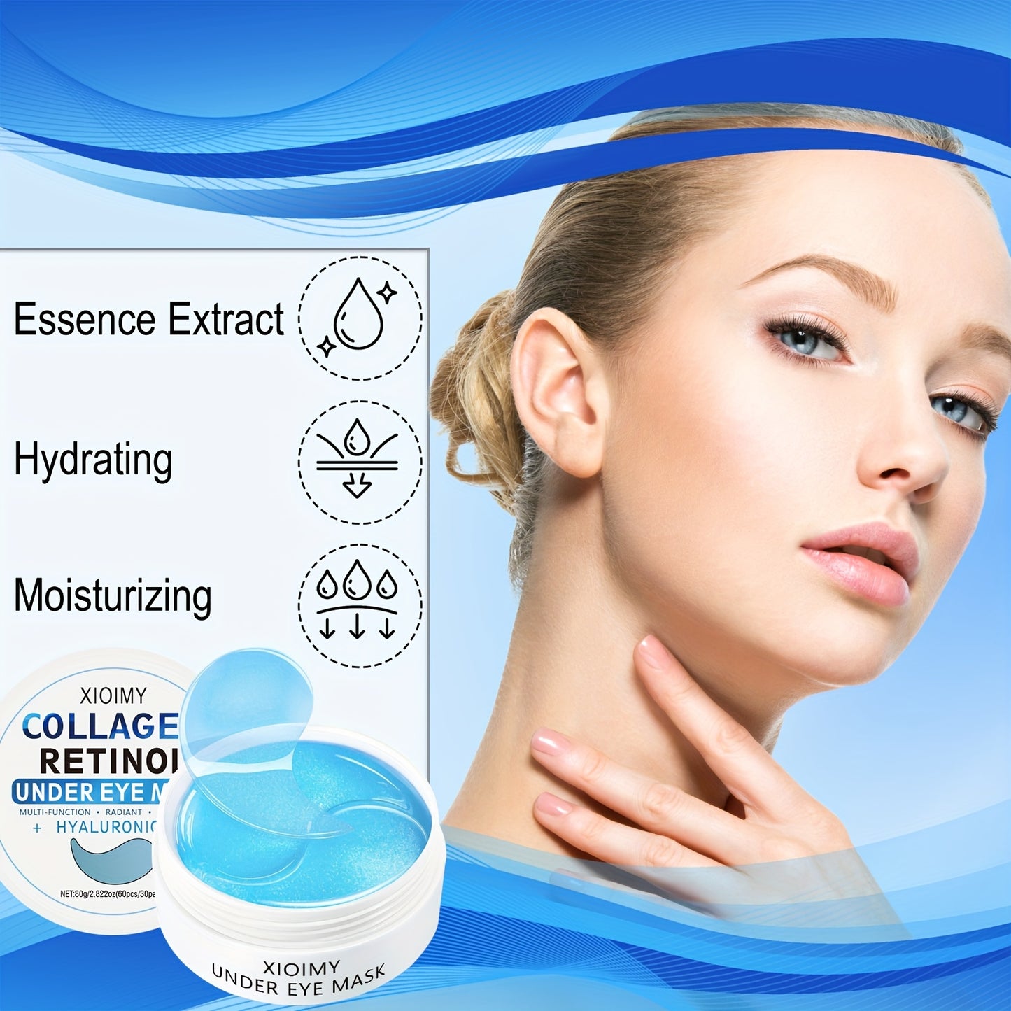 60 PCS Set Korean Collagen & Retinol Hydrogel Eye Masks - Hypoallergenic, Intense Hydration & Light Beige Care, Smooth Eye Patches for All Light Beige Types, Dark Circles & Puffiness, Fragrance-Free, Unisex Adult Use, Hydrati