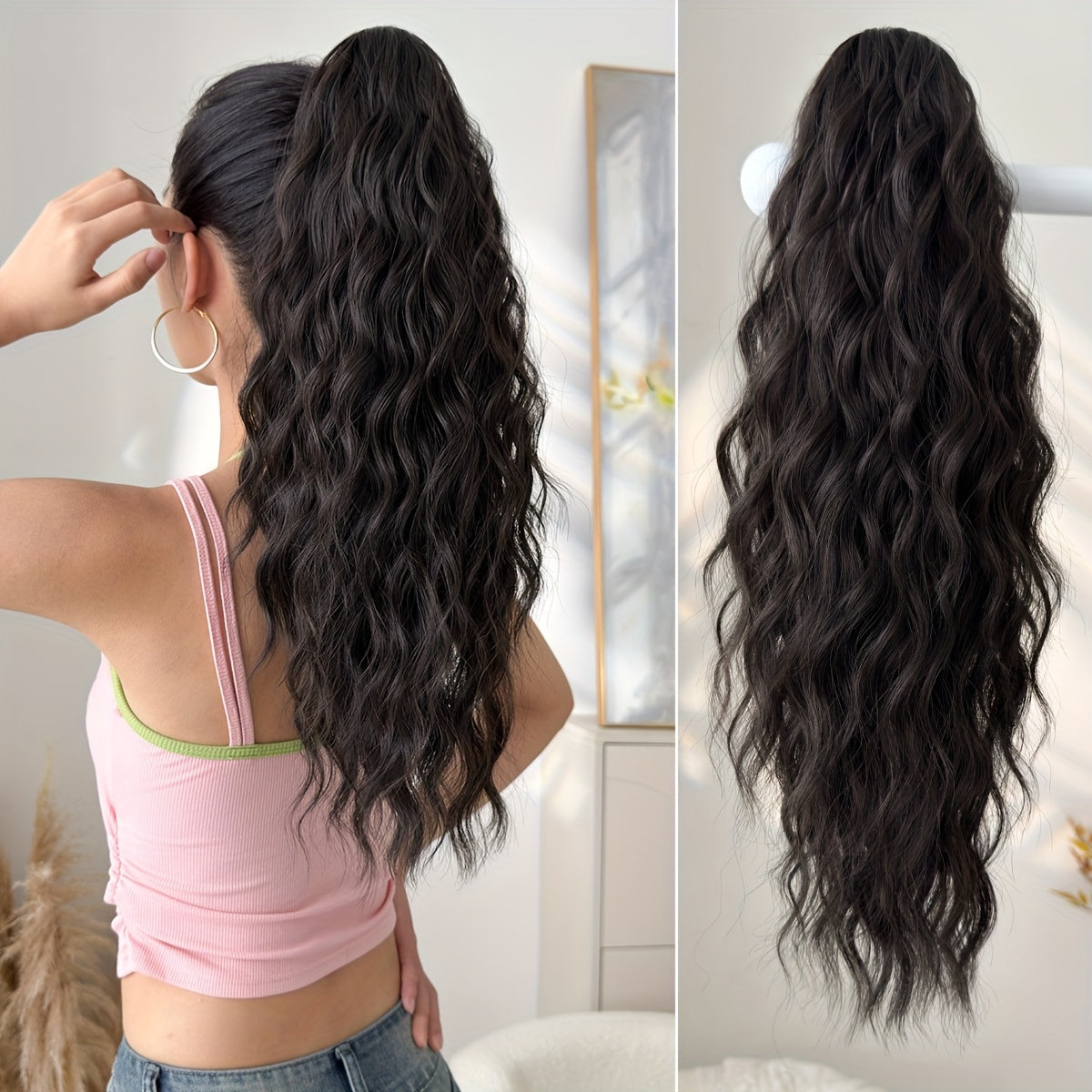 50.8cm 20-Inch Claw Ponytail Extension with a Short Water Wave Design, Made from Heat-Resistant Synthetic Fibers, Perfect for Women's Everyday Hair Additions