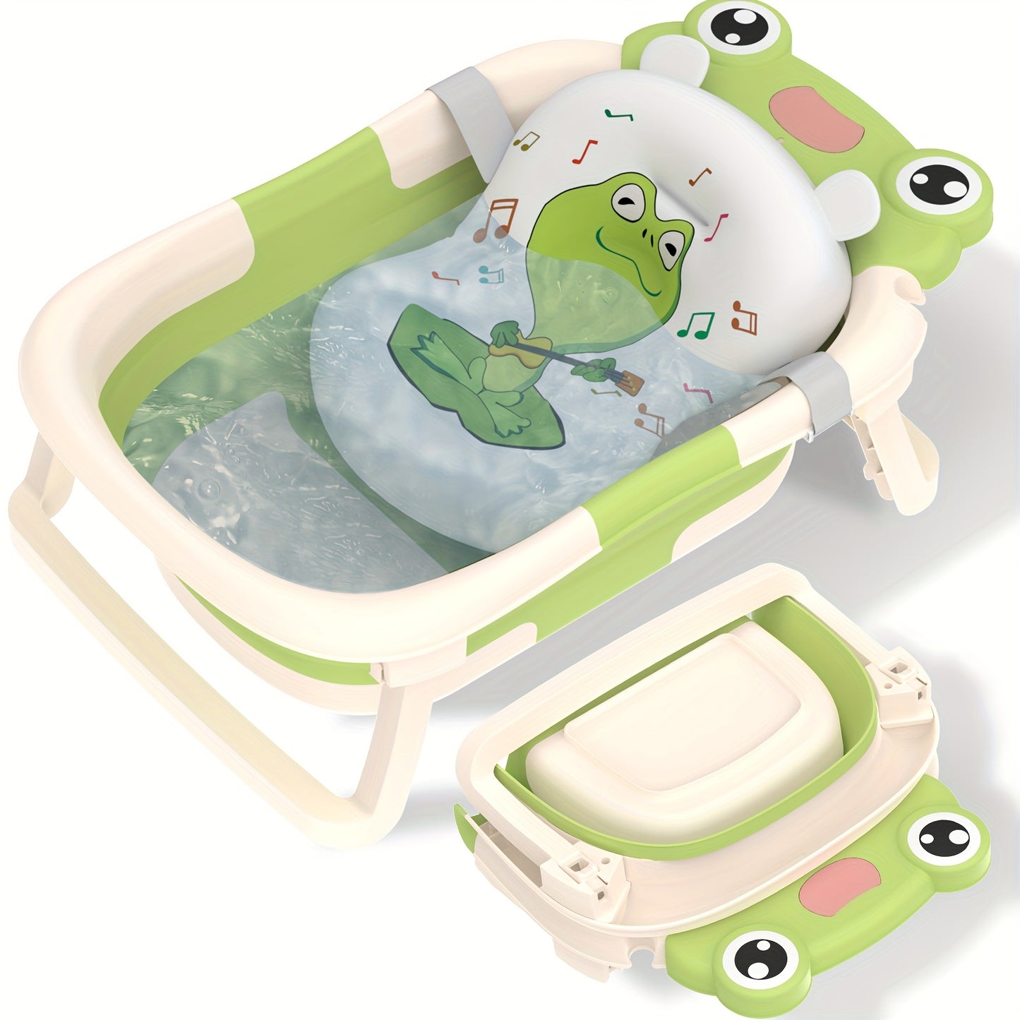 Collapsible Baby Bathtub for Infants, Essential for Newborns, Featuring a Portable Design with an Adorable Frog-Patterned Headrest. It Is Important That Children Are Supervised While Using It. This Travel-Friendly Bathtub Is