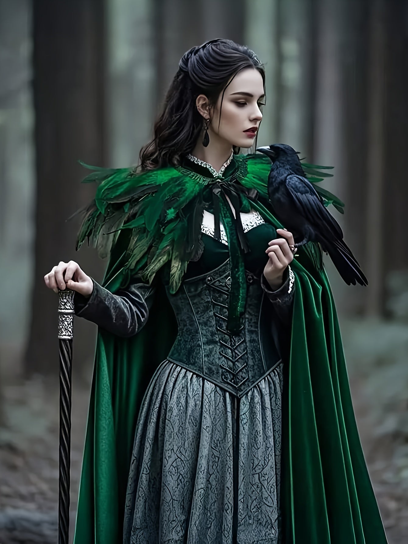 2 PCS Set Gothic Witch Robe & Cape Set - Long Sleeve, Green &, Perfect for Halloween & Carnival Costumes, Stage Props, Fall/Winter Wear, Vintage Style | Knotted Detailing, Witchcraft Clothing Supplies