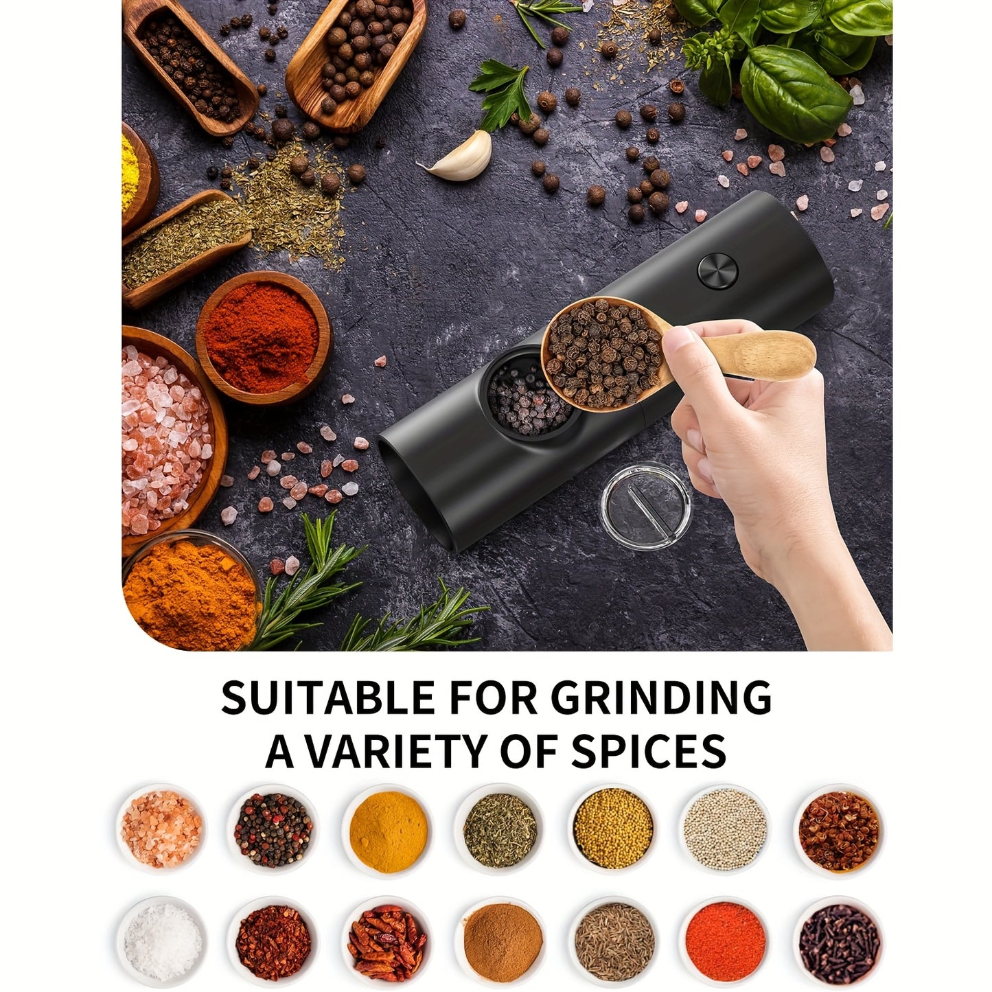 Electric Salt Pepper Grinder, Battery Powered Convenient (Batteries Not Included), Dual-Compartment Design with Base, Practical White LED Light, Coarse and Fine Adjustment, One-Click Operation, Black Durable