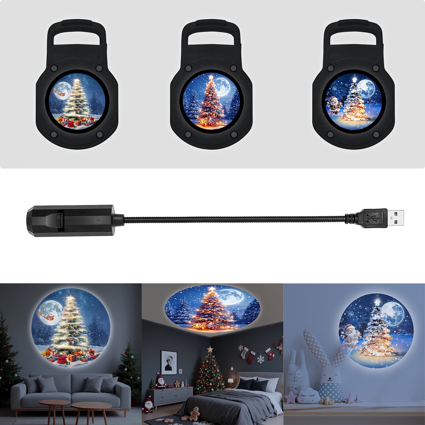 1 light and 3 Christmas picture projector lamp, three light and shadow can be changed, USB plug and play atmosphere light, suitable for ceiling wall background decoration light, 360 ° rotatable Christmas holiday projector, b