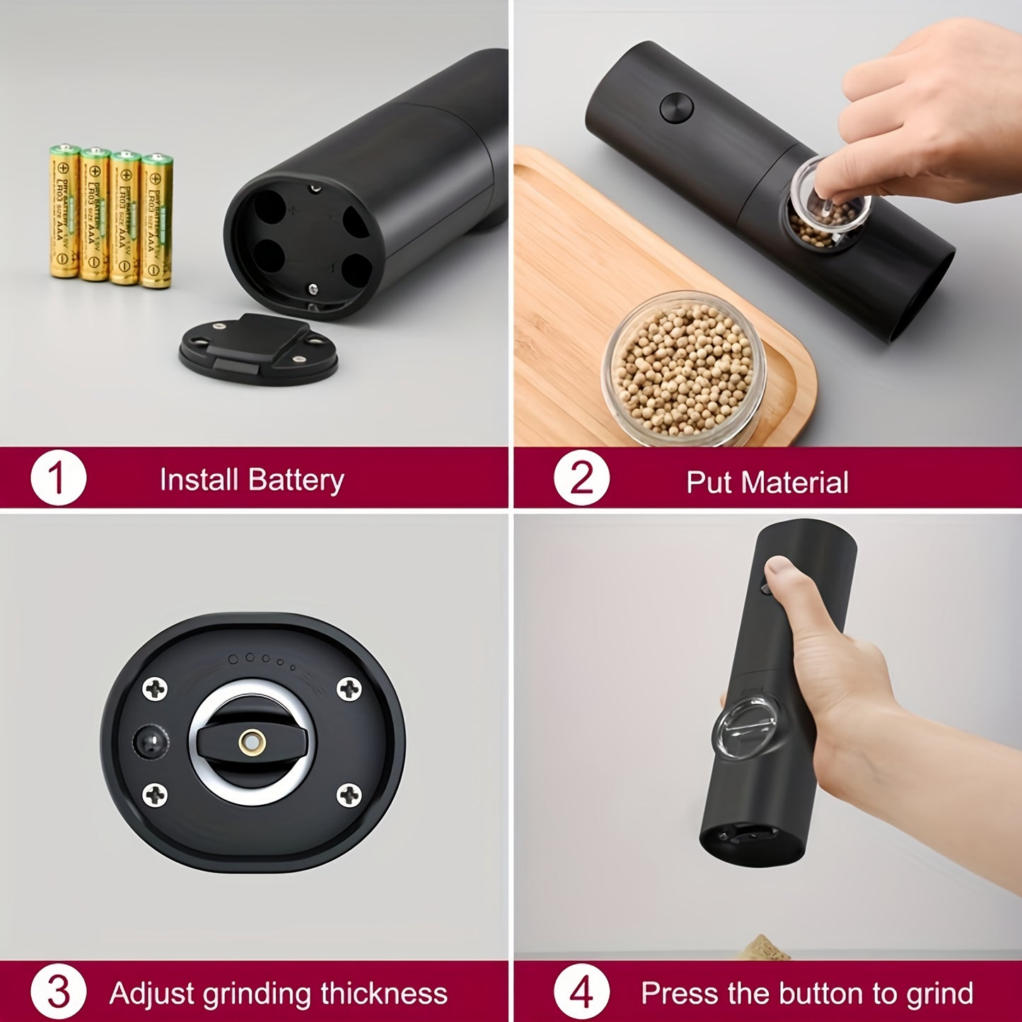 Electric Salt Pepper Grinder, Battery Powered Convenient (Batteries Not Included), Dual-Compartment Design with Base, Practical White LED Light, Coarse and Fine Adjustment, One-Click Operation, Black Durable
