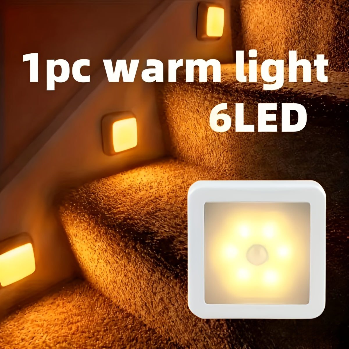 Smart Motion Sensor 6-LED Floor/Ceiling/Wall Light - Wireless, IP44, Auto On/Off, Energy Saving, Plug-and-Play Installation, Modern Square Design. Suitable for Hallways, Stairs, Living Rooms, Bedrooms (Batteries Not Included)