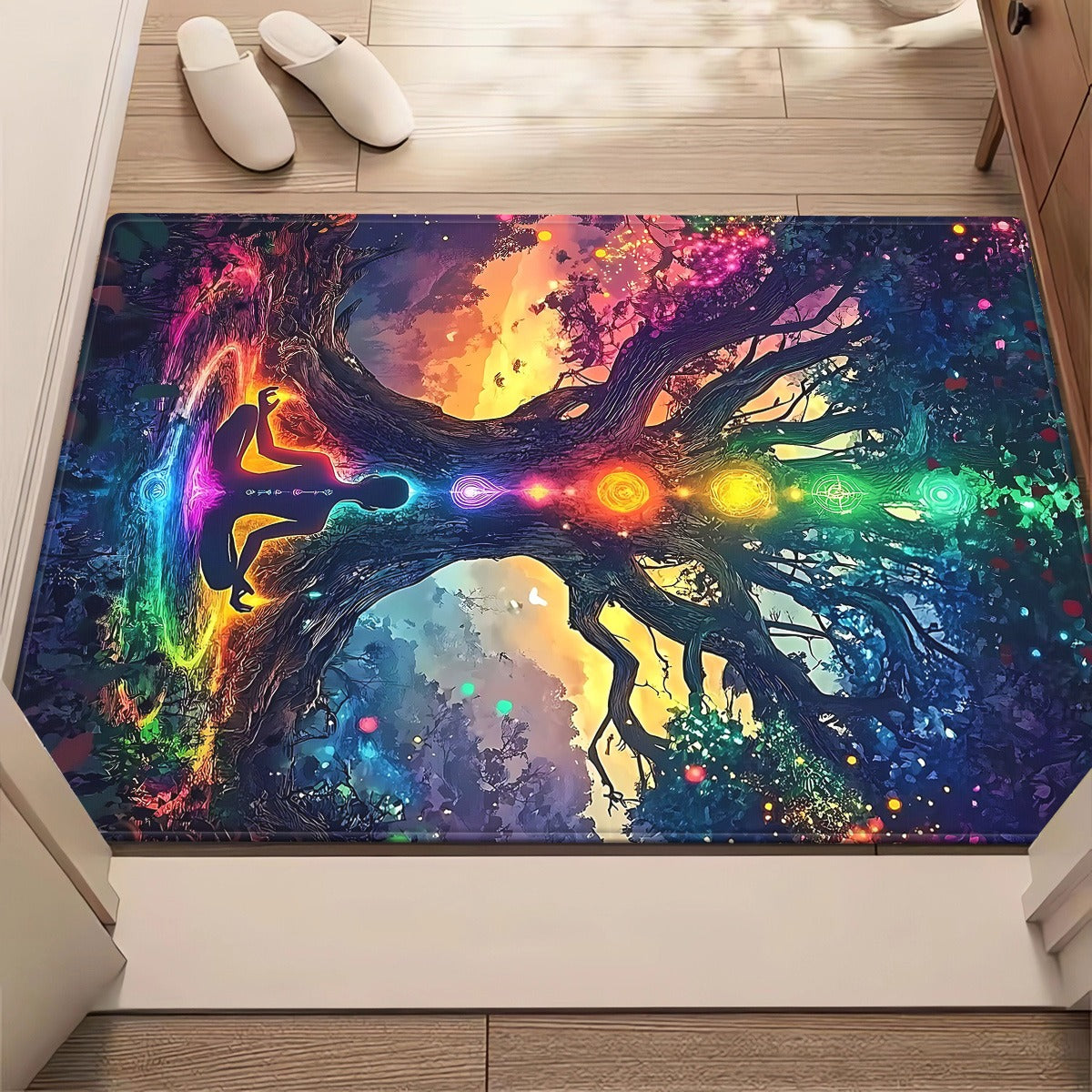 For Spiritual Yoga Studio Extra Large Meditation Mat - Heavy-Duty 800gsm Non-Slip Yoga Mat & Mat with Chakra Tree Design in Green, Blue, Purple, Pink, Orange, Yellow, Red, - Machine Washable Floor Mat for Living Room, Bathroo
