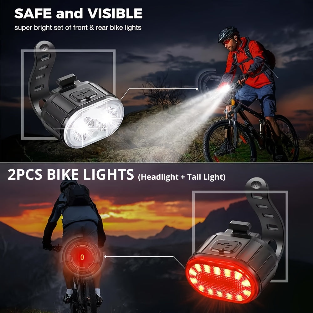 2 PCS Set Bike lights, Complete Set Of Bike lights, White Light Headlight lighting, Red Light Taillight lighting, USB Rechargeable Portable Since The headlight, Bike Tail light, Suitable for Outdoor cycling, Rainy Day Night L