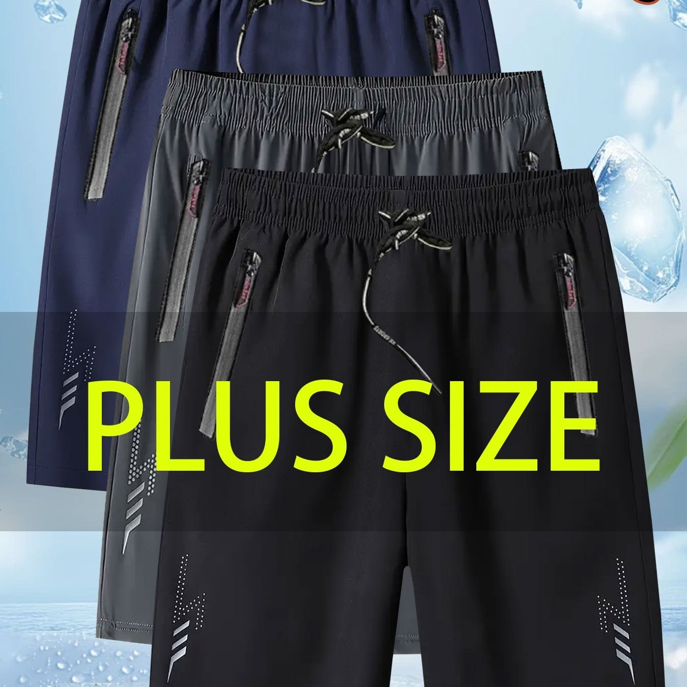 3 PCS Set UK 42-52 Plus Size Curvy Big Men's Athletic Shorts - Elastic Waist with Adjustable Drawstring, 5-Inch Length, Lightning Bolt Print & Reflective Strips for Running, Cycling, Gym Workouts - Loose Fit Casual Shorts (Na