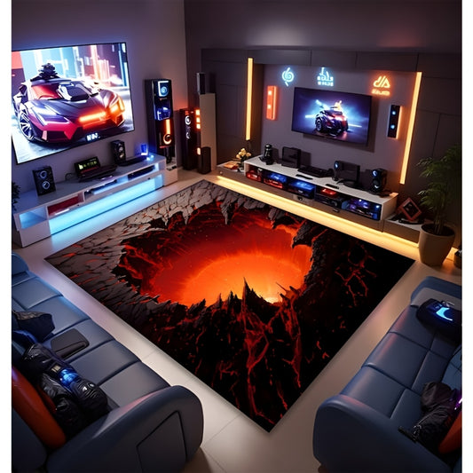 Large 3D Illusion Floor Mat with Giant Crack Depth Effect - Black & Red Suitable for Living Room, Bedroom, Office Rug, Oversized Non-Slip Carpet Suitable for Hallway, Machine Washable Modern Home Decor Gift for Christmas, Eas