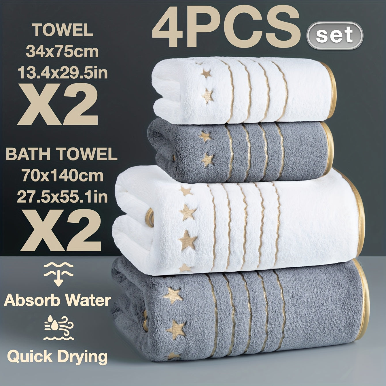 4/6-PCS Set Ultra-Soft Golden Thread Light Luxury Five-Star Embroidered Towel Bath Towel Set, 2 Bath Towels 69.85 X 139.95 cm, 2 Hand Towels 34.04 X 74.93 cm, 2 Washcloths 34.04 X 34.04 cm, Perfect for Home, Hotel, and Spa Us