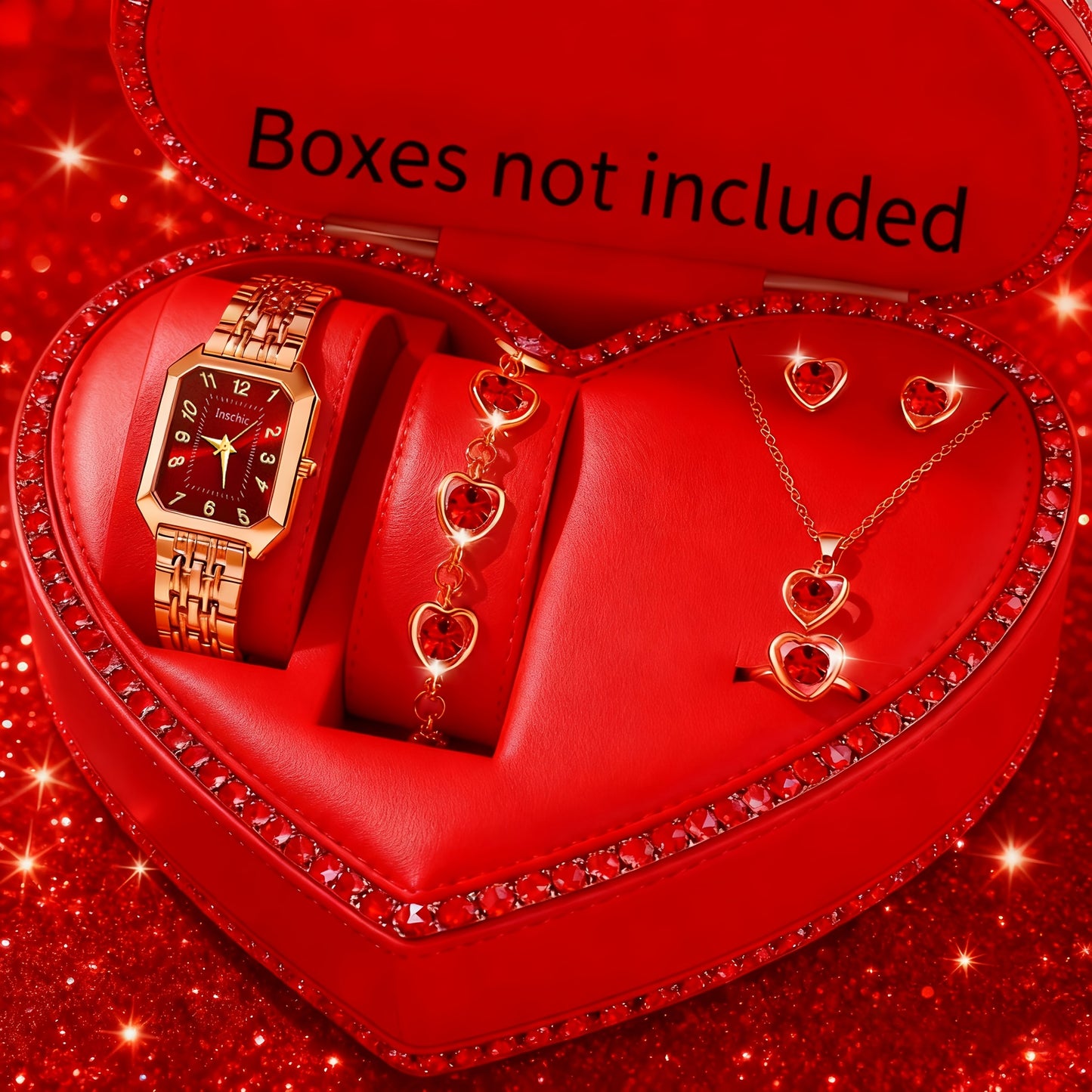 6pcs SHAARMS Women'S Elegant Square Quartz Watch Set with Heart Pendant - Luxury & Golden-Tone Dial, Square Case, Dial & Band, Non-Rechargeable Battery