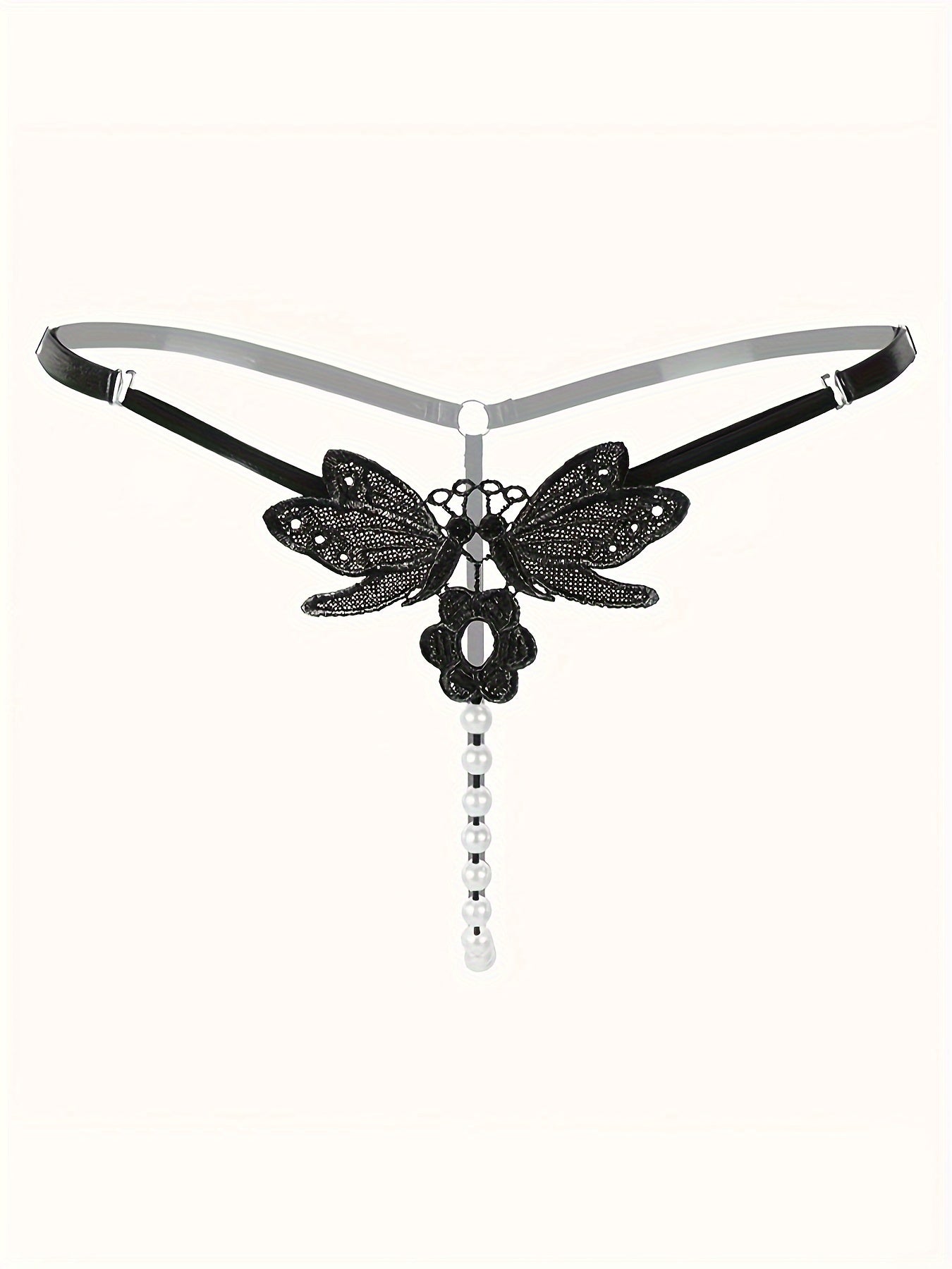 9 PCS Set Women's Adjustable Sexy Thongs with Embroidered Hollow-Out Design, Pearl-Embellished Crotchless Panties - Black, Lace Trim, Comfort Fit for Intimate Wear, Intimate Apparel | Sexy Thong Design | Adjustable Strap