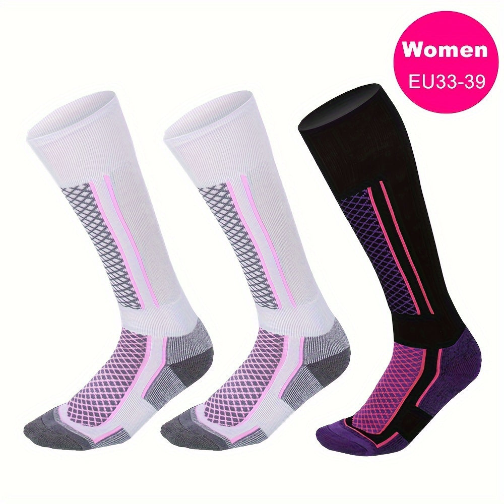 3pcs Pack Women's Thick Warm Ski Socks - Tall Outdoor Winter Sports Sock Suitable for Skiing, Snowboarding, Ice Skating - Striped Thermal Athletic Footwear Winter Sports Apparel Accessories