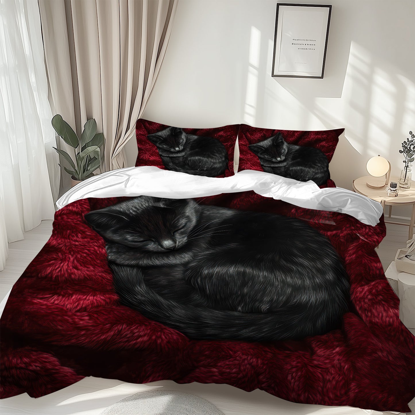 2/ 3 PCS Set Black Cat Red Duvet Cover Set, 1 Duvet Cover & 2 Pillowcases, Black Cat Red Design Bedding Set, Machine Washable, Soft and Comfortable Bed Cover Set for Bedroom