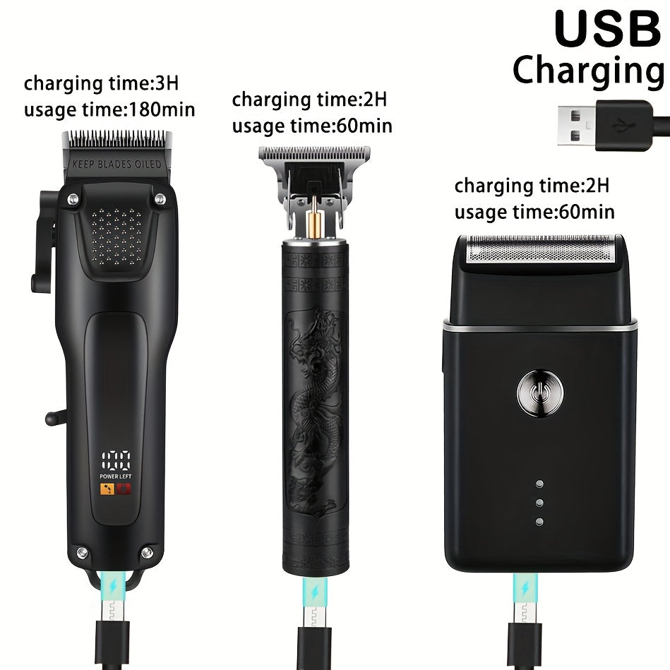 3 PCS Set Men's Professional Hair & Beard Grooming Kit - Cordless Clippers with LED Display, Precision Trimmer Set, USB Rechargeable, for Home Use, Perfect Holiday Gift