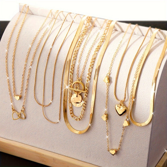 10 PCS Set Luxury Necklace Set Featuring Vintage Heart And Geometric Pendants with Snake Chains And OT Clasps, Perfect for Everyday Wear, Parties, And Gifts Women Jewelry Accessory Sets