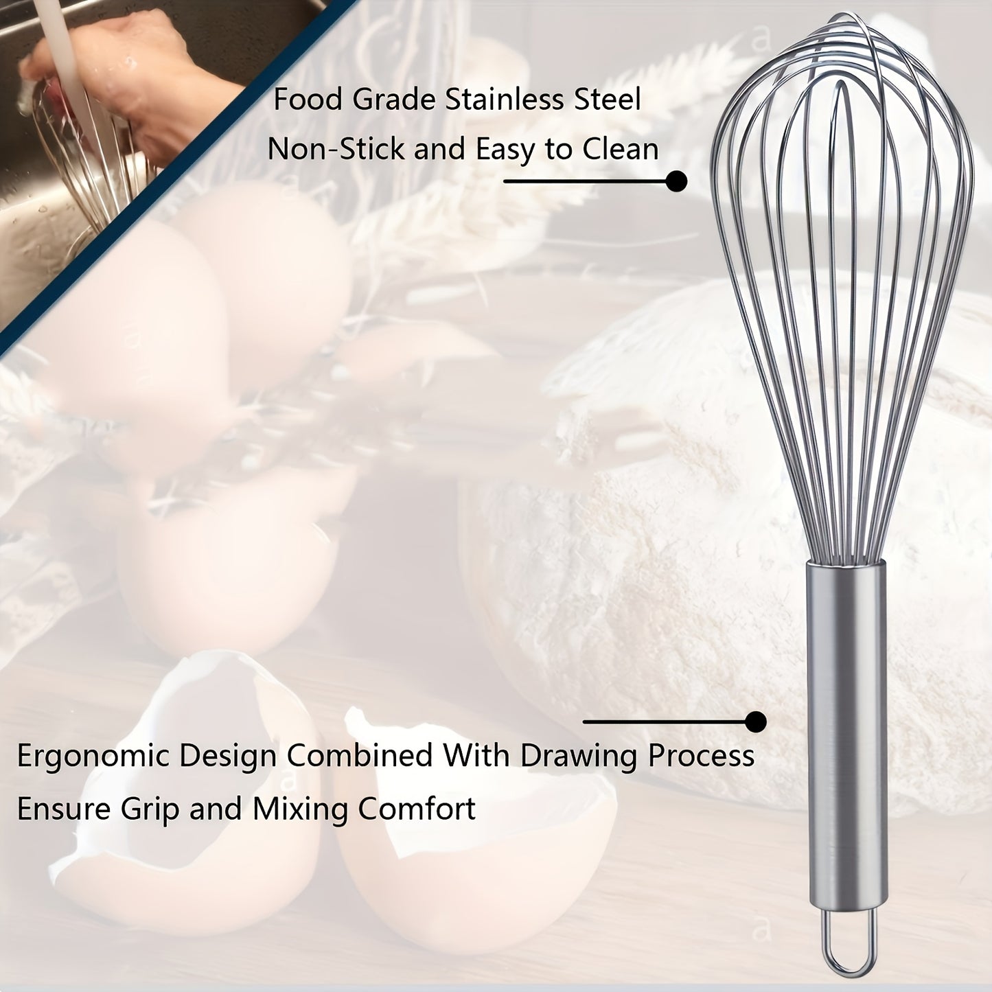 3 PCS Set Stainless Steel Whisks - Manual Kitchen Mixer, Suitable for Stirring, Beating, and Blending - Enhanced Durability Bubble Whisk Set, Food-grade, Easy to Clean, Ergonomic Design - No Batteries Required