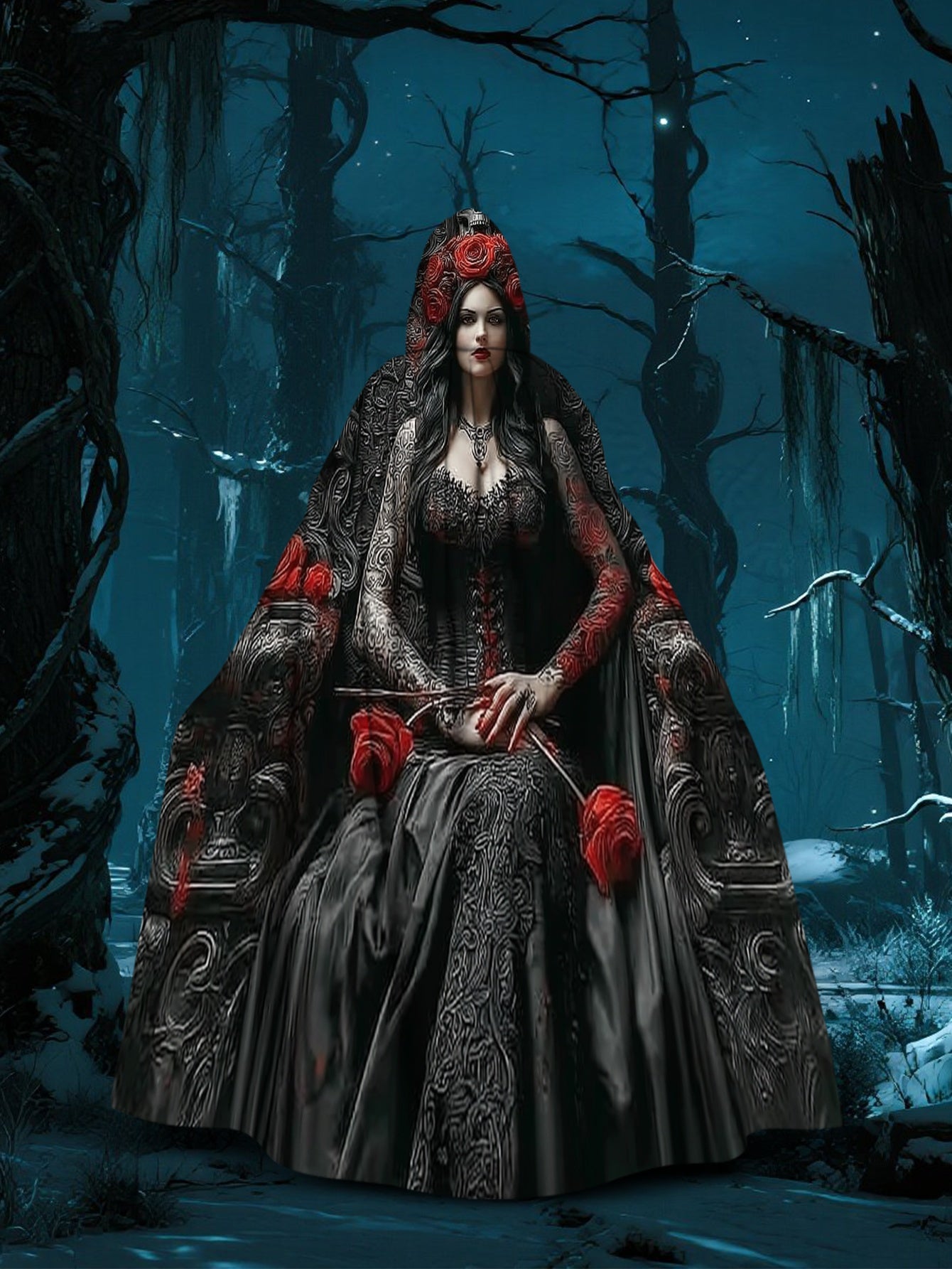 2D Printed Dress-Up Cloak Inspired by Gothic Day of The Dead Queen, Witch-Themed Events, And Festival Party Gifts. for Halloween,  Witchcraft Apparel Clothing Supplies