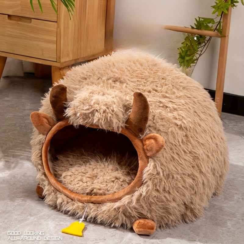 Yak-Shaped Cat Bed, Classic Style, Polypropylene & Foam, Warm Winter Pet House, Assembleable, for Cats & Small Pets