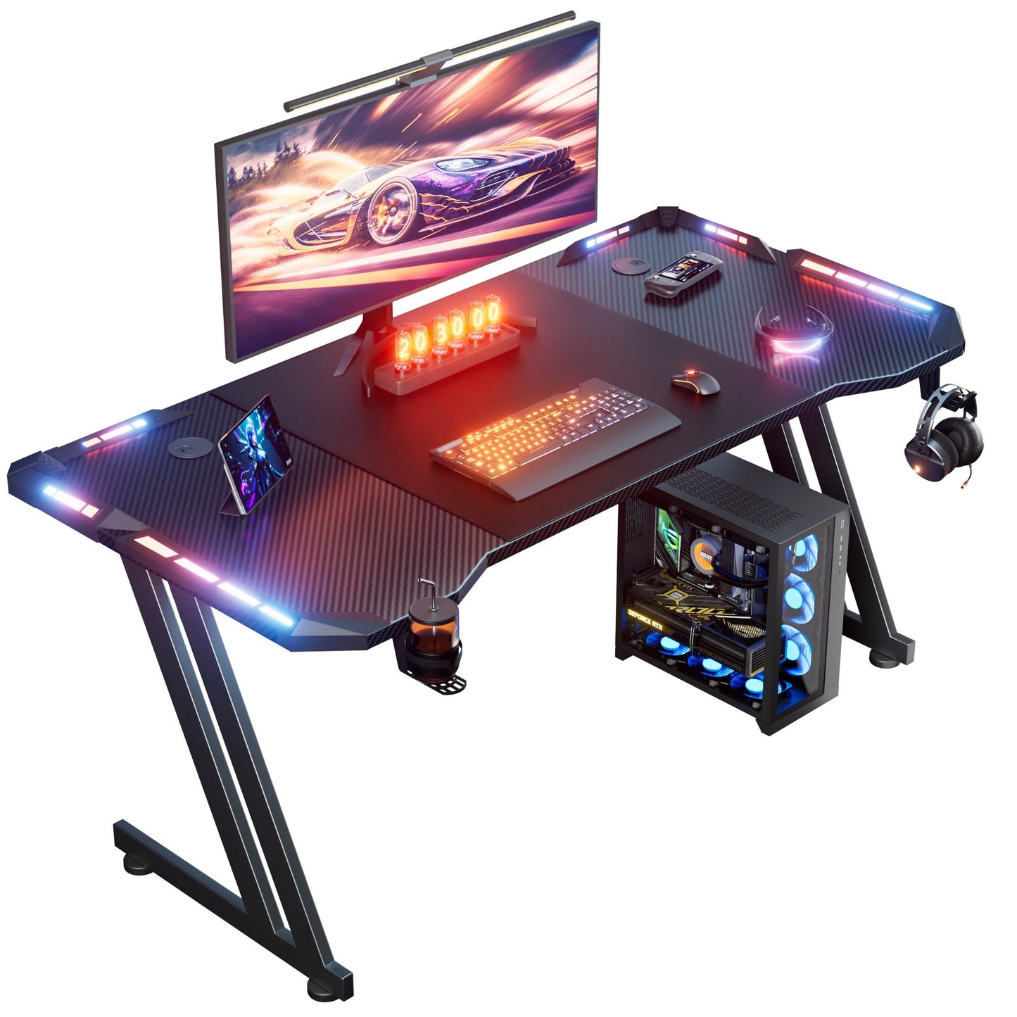 NEW RGB Gaming Black Desk Full Set with LED Lights and Mouse Pad, Large Ergonomic Computer Desk with Cup Holder & Headphone Hook, Modern Carbon Fiber Design for PC Gaming & Home Office