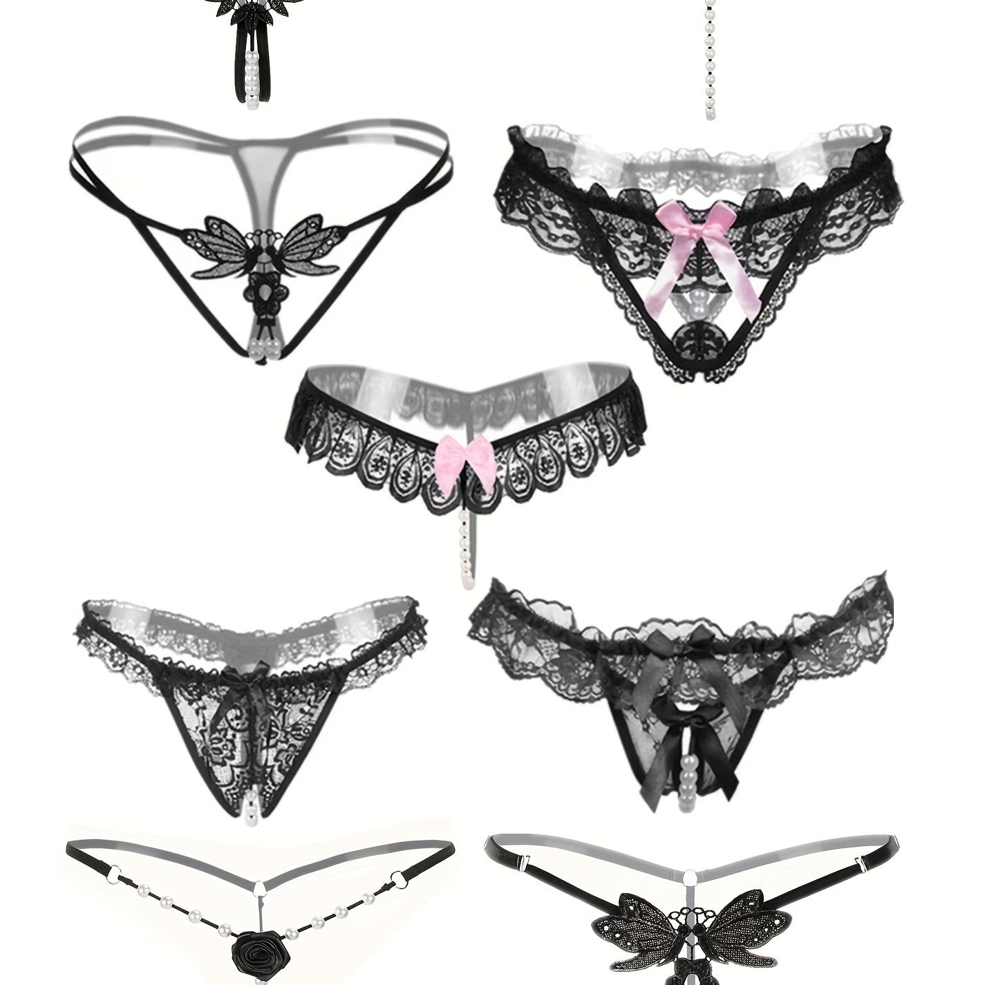 9 PCS Set Women's Adjustable Sexy Thongs with Embroidered Hollow-Out Design, Pearl-Embellished Crotchless Panties - Black, Lace Trim, Comfort Fit for Intimate Wear, Intimate Apparel | Sexy Thong Design | Adjustable Strap
