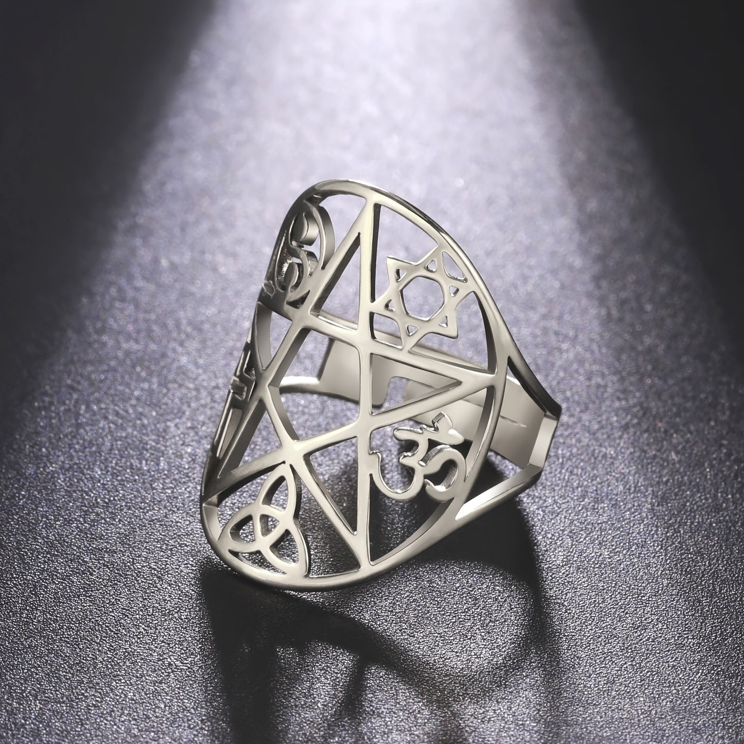 Boho Style Stainless Steel Ring, Women's Men's Pentagram & Celtic Knot Protection Signet, Triangular Cross Spiral Charm, Irish Jewelry Gift