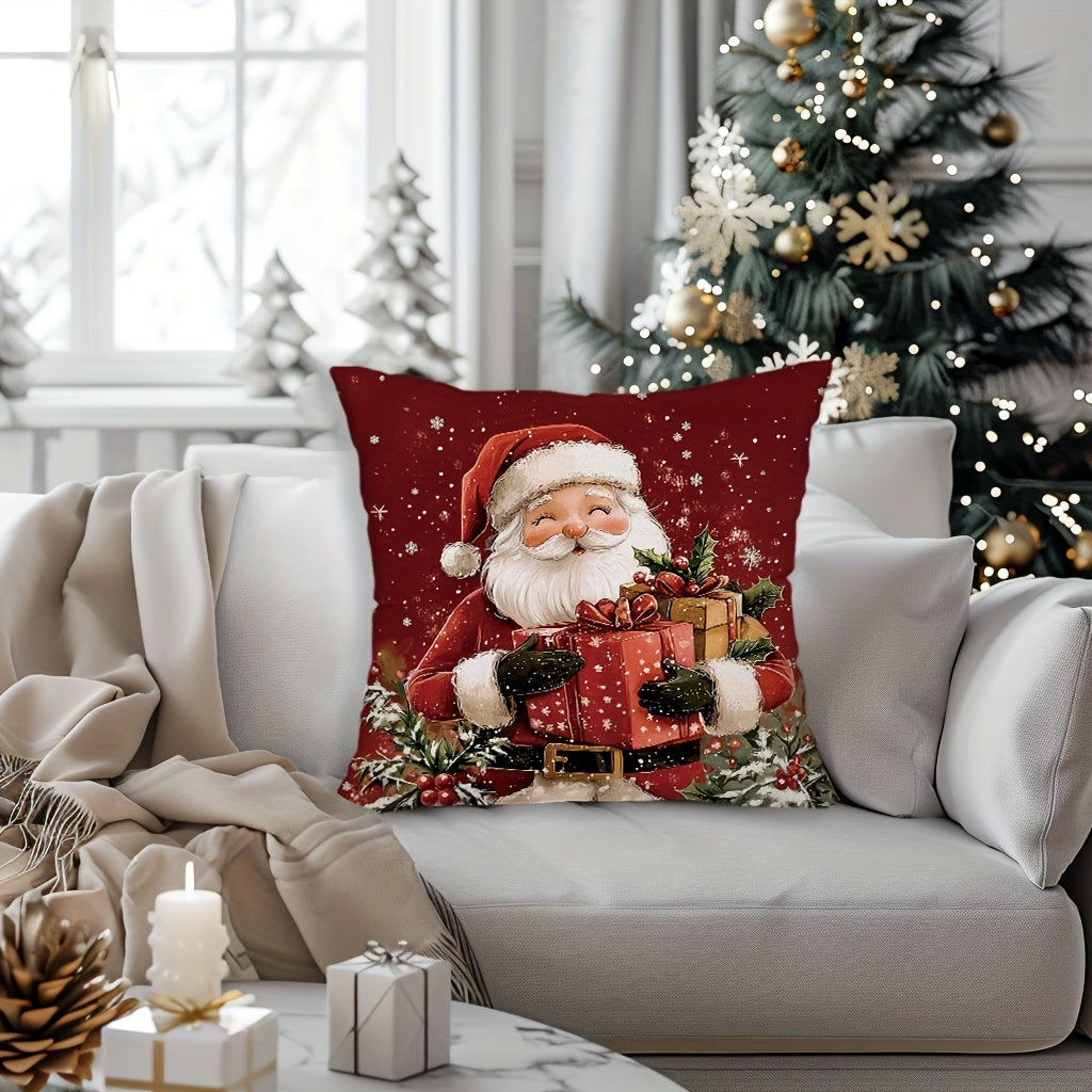 4pcs Festive Christmas Throw Pillow Covers, 45.72x45.72 cm, Zipper Closure, Retro Santa & Snowman Designs with Gift Boxes and Wreaths, Farmhouse Holiday Decor for Porch, Patio, Couch, Sofa, Living Room – No Inserts Included