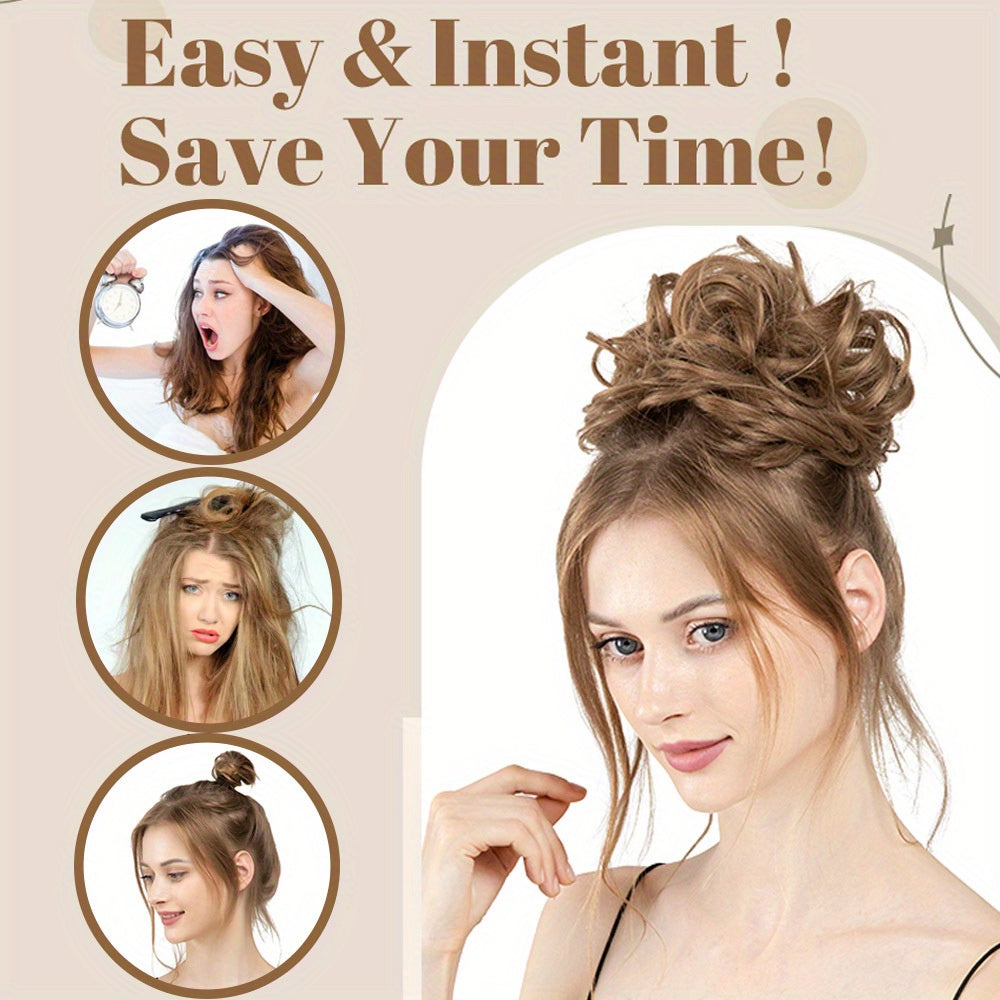 Real Human Hair Bun Donut 4 Colors with Elastic Band - Wavy Volume, Instant Updo Extensions for, Scalp-Propatible Hairpiece for Chignons, Buns & Volume (No Glue/)