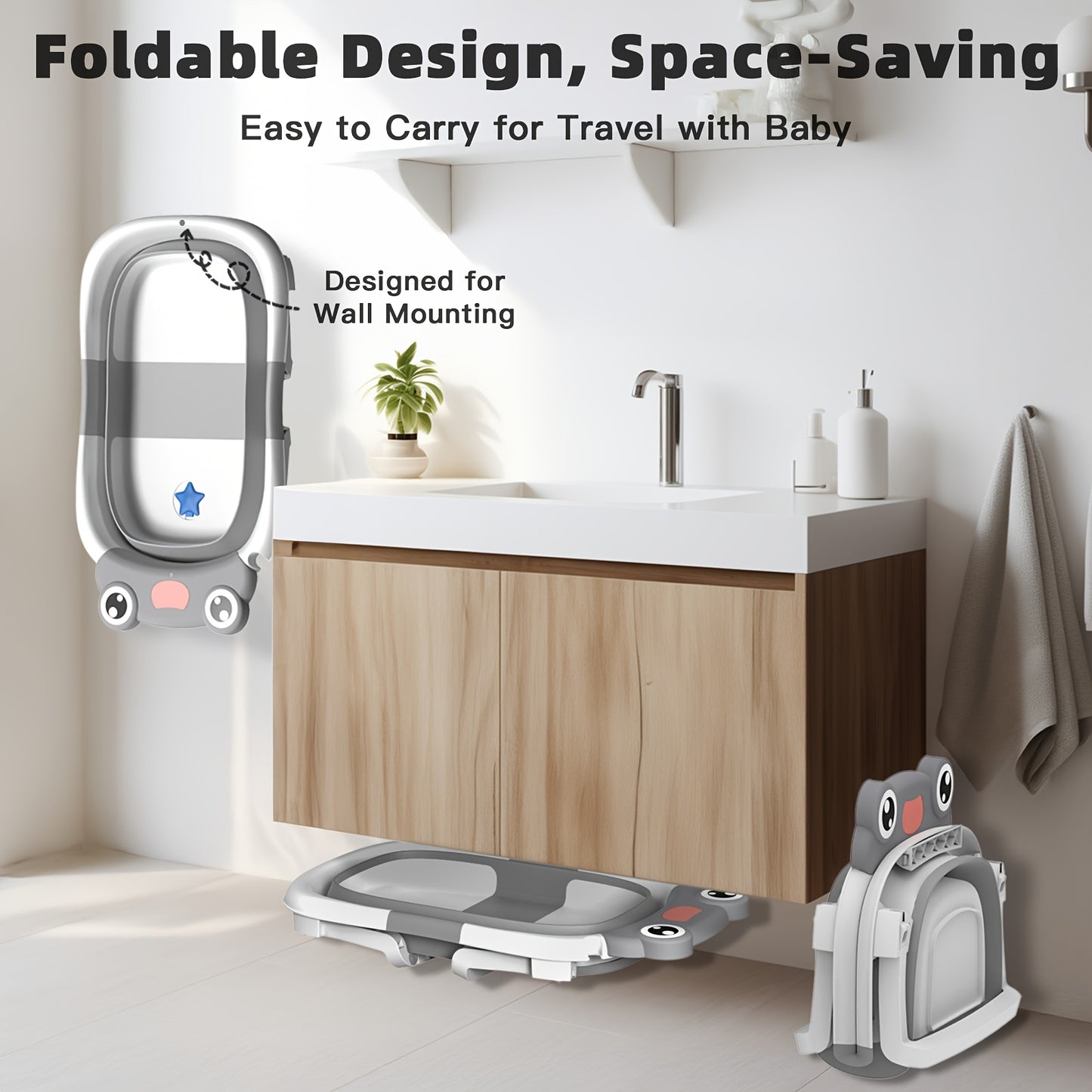 Collapsible Baby Bathtub for Infants, Essential for Newborns, Featuring a Portable Design with an Adorable Frog-Patterned Headrest. It Is Important That Children Are Supervised While Using It. This Travel-Friendly Bathtub Is