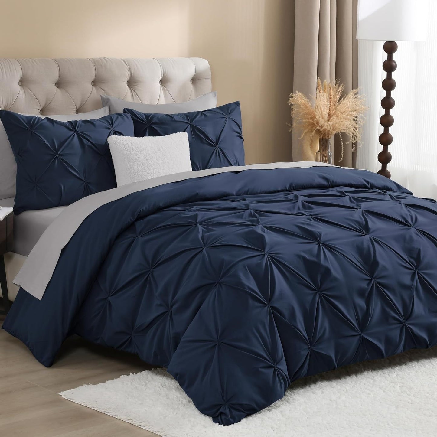 3 PCS Set 5 Colors Charcoal, Pink*Five Star Hotel* Pinch Pleated Luxury High Quality Duvet Cover Set, Soft Pintuck Bedding Sets with Pillowcases