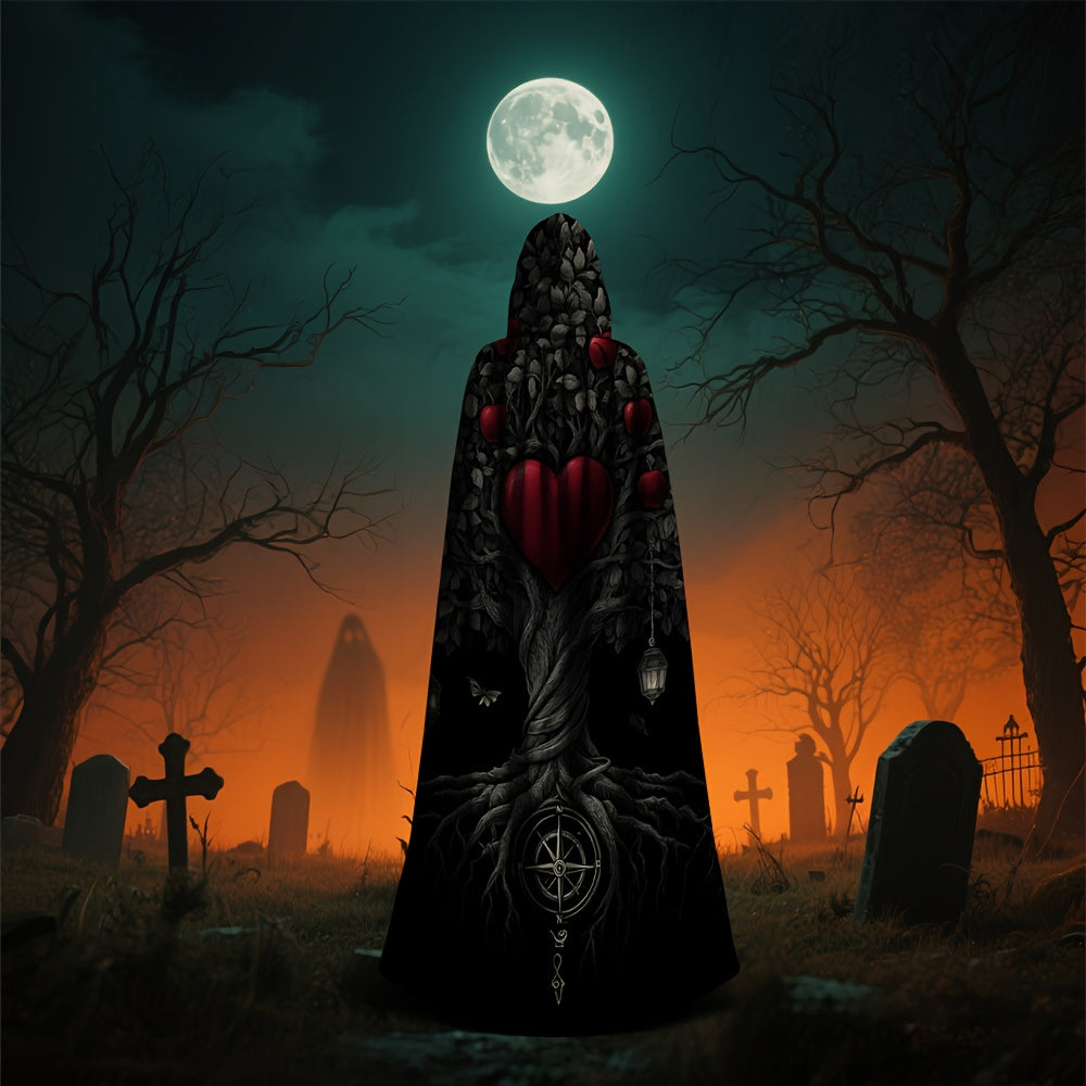Women's Gothic Witch Cape Robe Costume - Long Flowing Dark Robe with Heart Tree & Pentagram Design, Flowing Cape - Heavy-Duty Fabric for Cosplay, Themed Parties, Medieval/Fantasy Events - Magical Attire for Wiccan & Witchy Ev