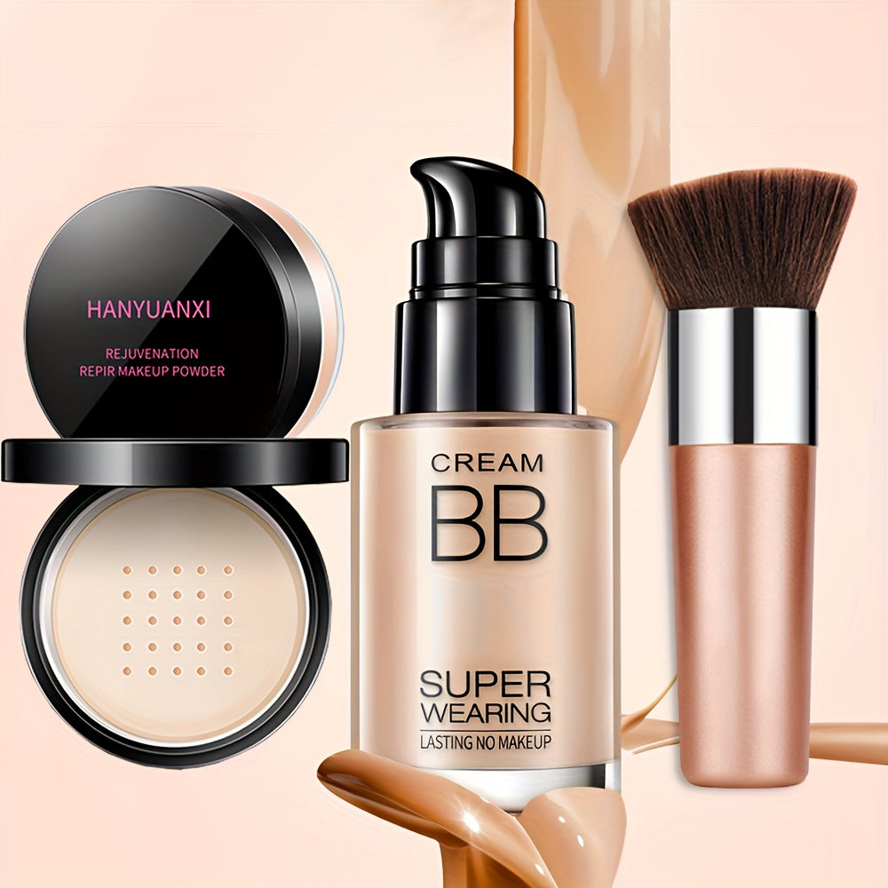 Flawless Face Makeup Kit- BB Cream & Makeup Powder & Brush, Includes Full Coverage Foundation, Moisturizing BB Cream, Waterproof Loose Setting Powder, Brush And Makeup Sponge, Hydrating Formula, Seamless Concealer, Longwear H
