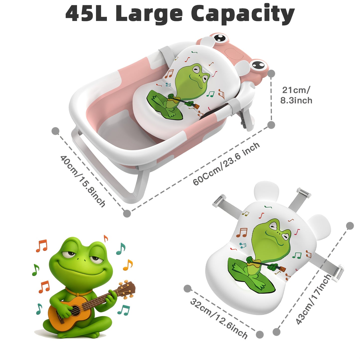 Collapsible Baby Bathtub for Infants, Essential for Newborns, Featuring a Portable Design with an Adorable Frog-Patterned Headrest. It Is Important That Children Are Supervised While Using It. This Travel-Friendly Bathtub Is