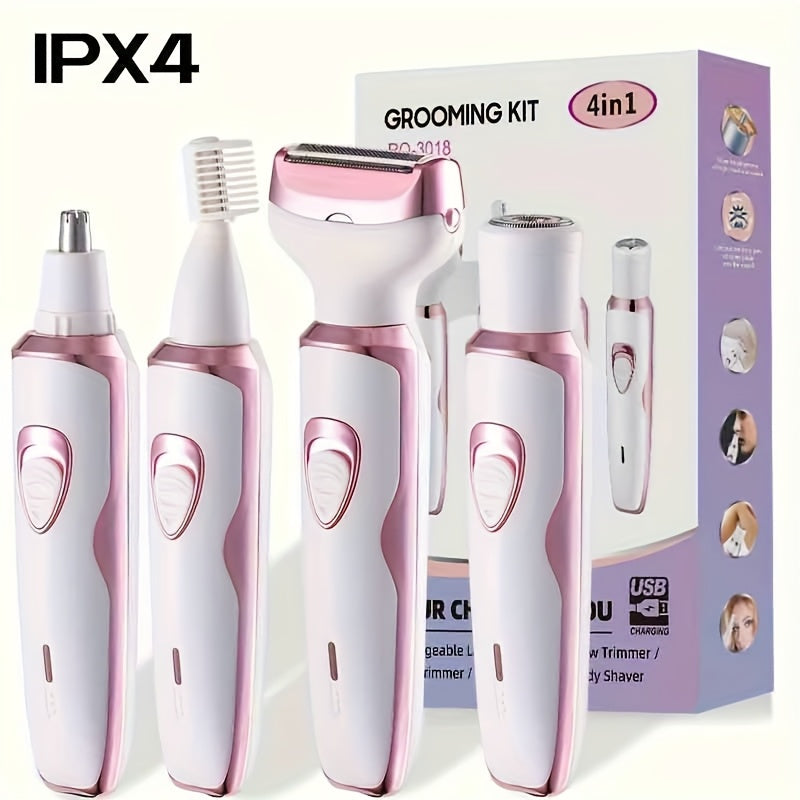4 PCS Set Electric Razor For Women,  Rechargeable grooming kit, Lady Electric Shaver For Face, Nose, Legs And Underarm, Bikini Area Trimmer For Women Painless, Hair Razor Rechargeable & Portable