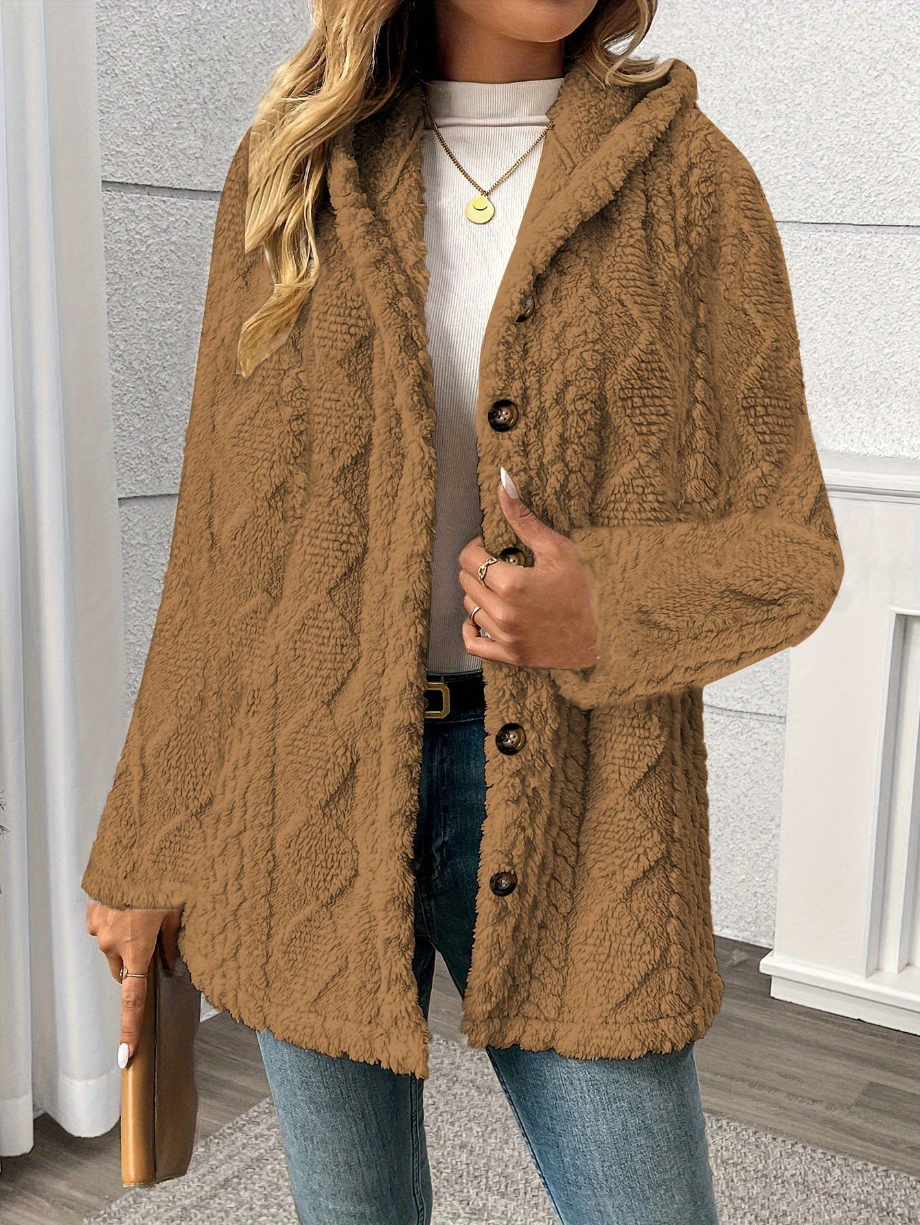 4 Colors Women's Elegant Rhombus Texture Hooded Teddy Bear Jacket - All-Season Button-Front Coat with Side Pockets, Soft Plush Fabric, Machine Washable, Versatile Casual to Formal Outerwear, Everyday Comfort Wear, Durable But