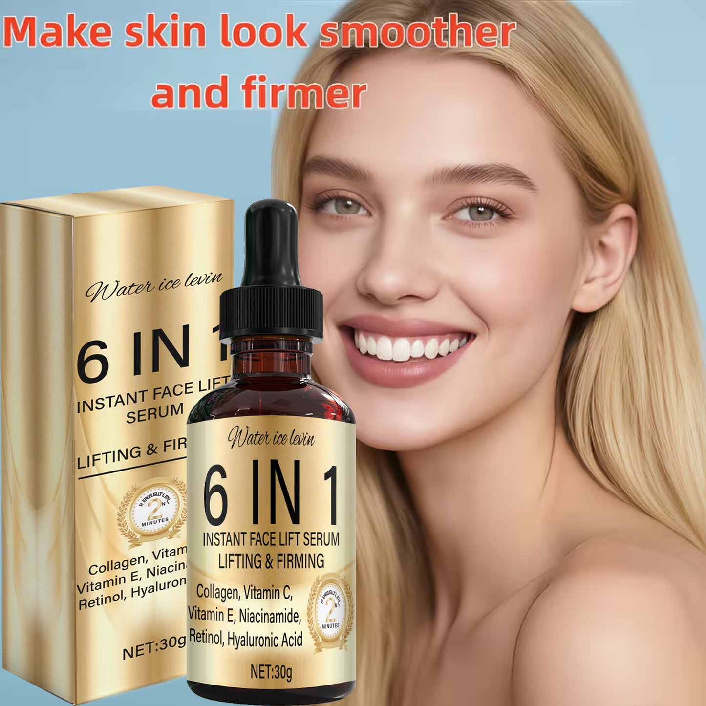 NEW 6-in-1 Instant Face Lift Serum with Collagen, Vitamin C, E, Niacinamide, Retinol & Hyaluronic Acid - Gel for Firming, Lifting & Hydration - Suitable for All Skin Types ( Dry, Combination) - Skin