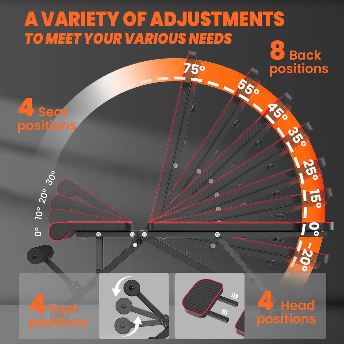 Home Gym Adjustable Workout Weight Bench Folding Exercise Bench 8 Backrest Adjustment for Full Body Exercise with Resistance Bands 300kg High Weight Capacity Sports Supplies