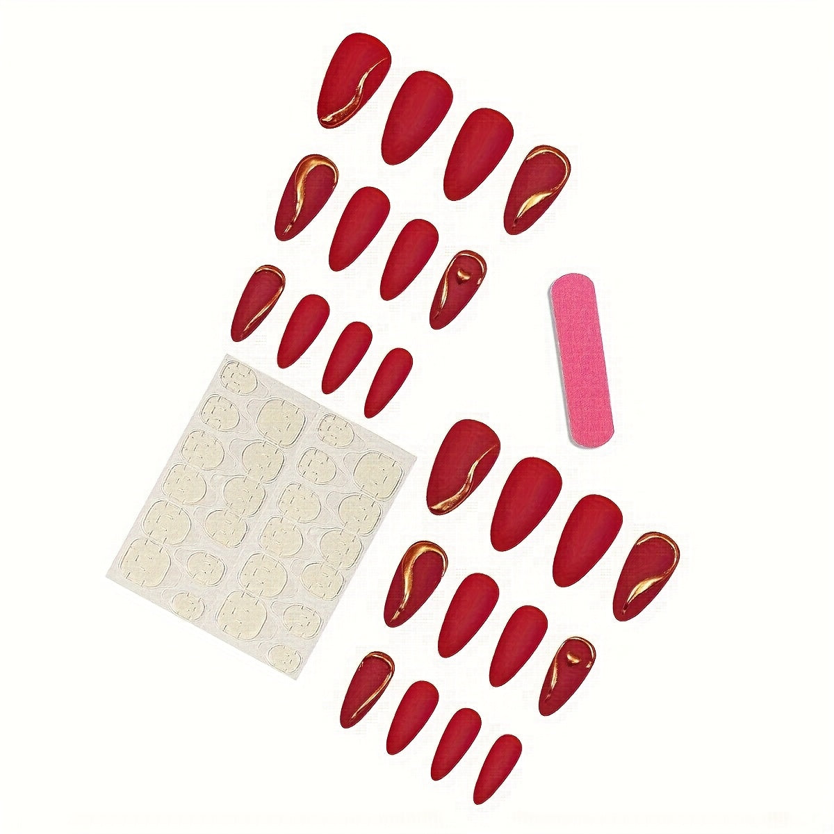 24 PCS Set Red Matte Almond Press-on Nails with Golden Accents & 3D Heart Detail | Perfect for Valentine's Day & Party Looks, Easy to Apply &, ABS Material