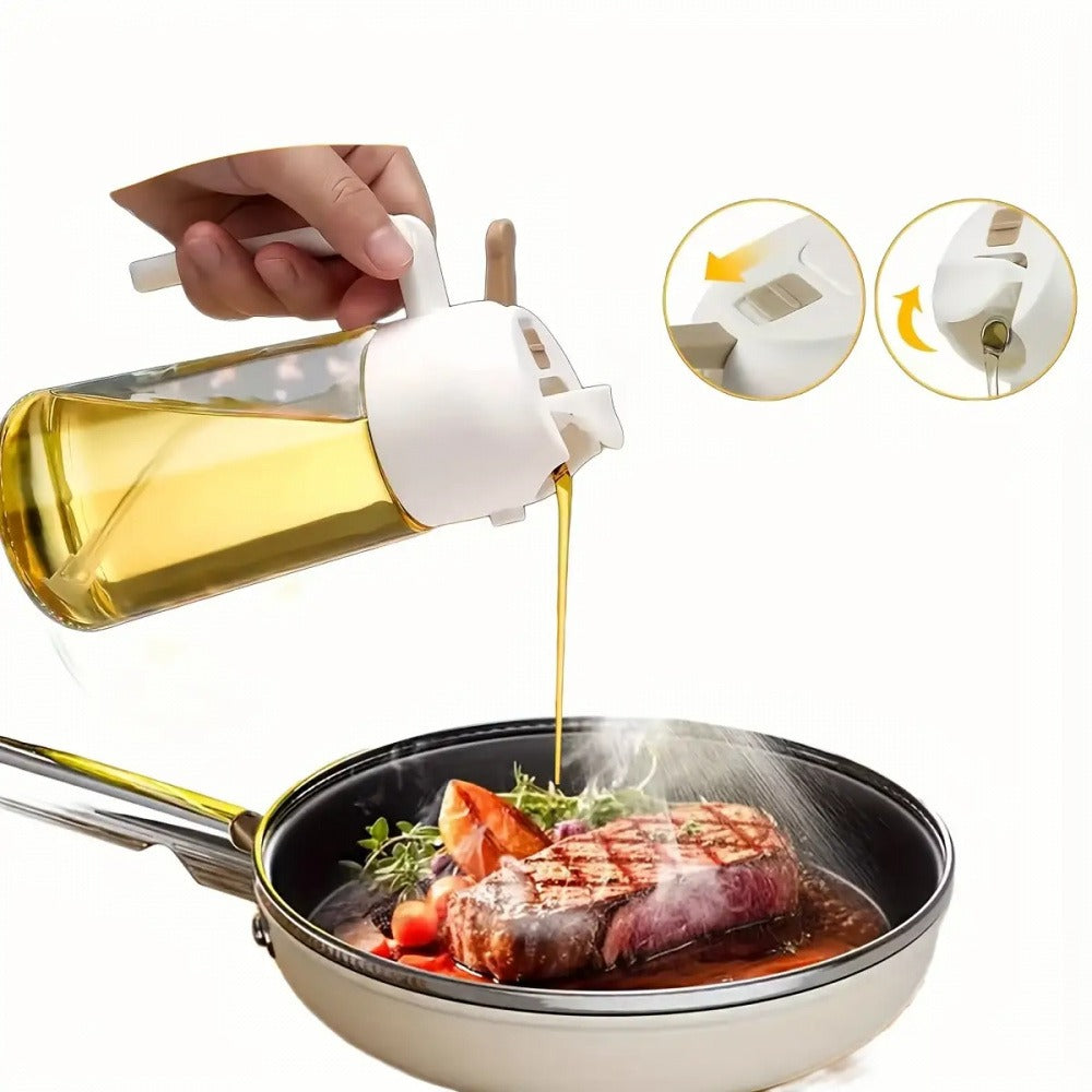 2 in 1 470ml Leak-Proof Dual Oil Dispenser Bottle, Made of Plastic with a Dual-squeeze Cap, Ideal for Cooking, Frying, Salad Dressings, Grilling, Air Frying, Outdoor Barbecues, and Home Kitchen Use. Easy to Clean and Durable