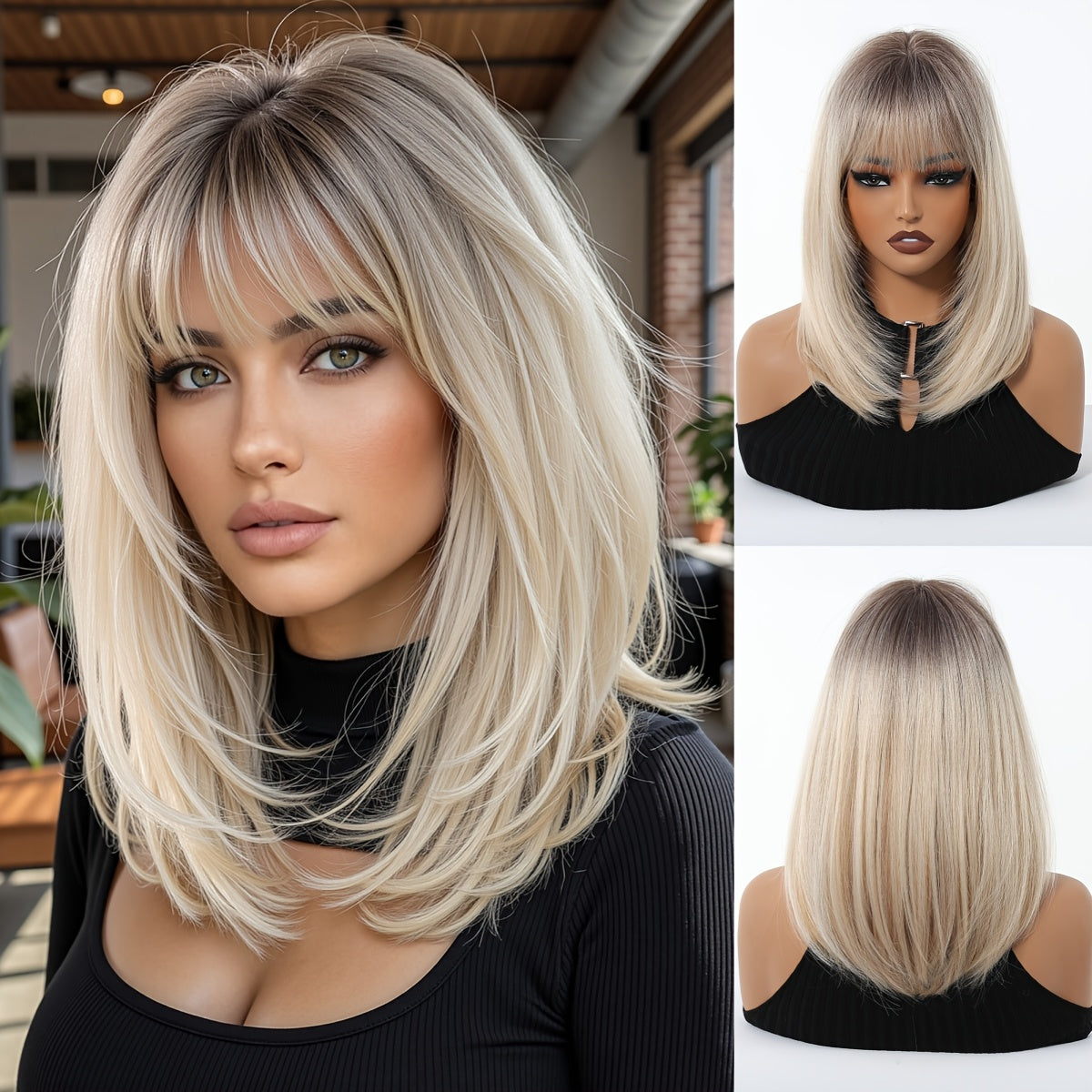 NEW Women's Short Straight Bob Wig with Bangs - White/Golden Dark Root Short Cut Synthetic Hair, Heat-Resistant Fiber Suitable for Daily Use, Parties, Photo Shoots - No Lace Front Women Hair Care Supplies