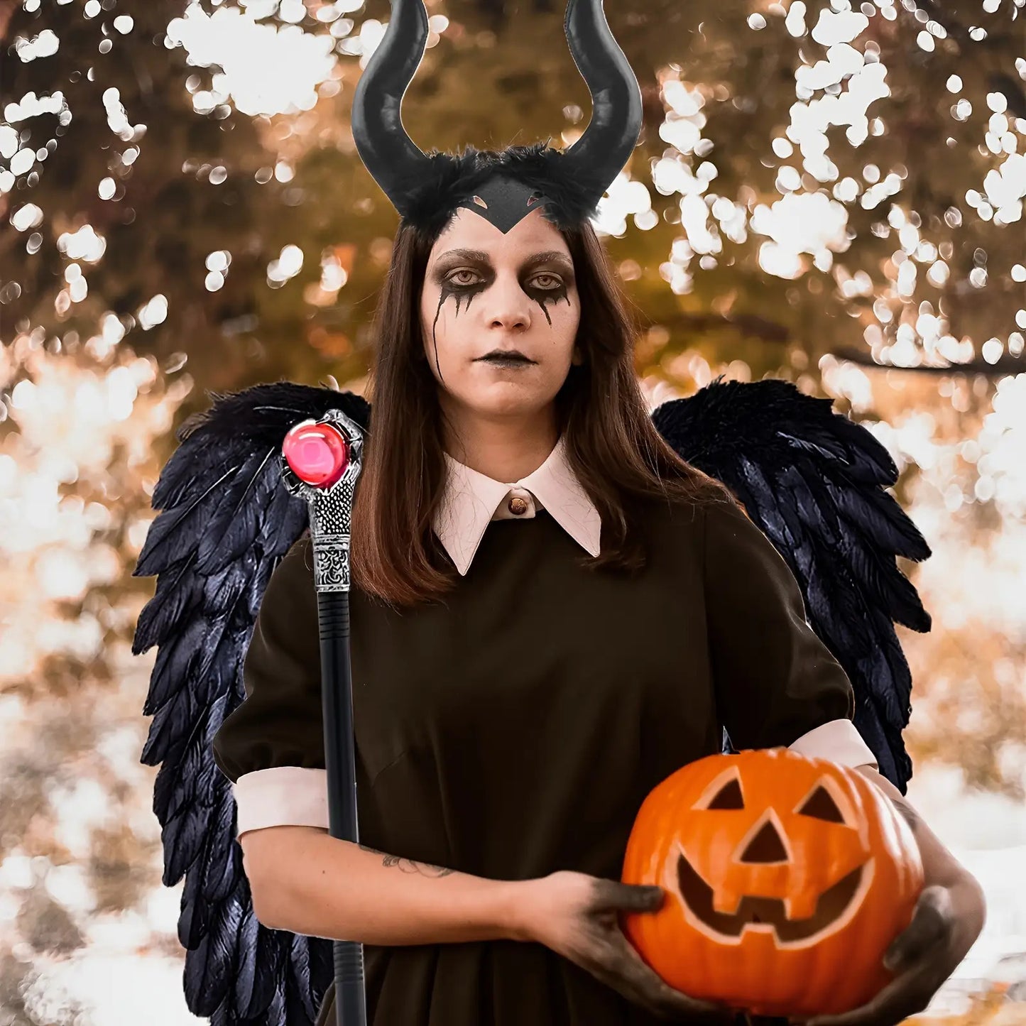3 PCS Set Black Fallen Angel Costume Accessories Set, Including Wings Devil Horns Headband Witch Cane Halloween Clothing Supplies