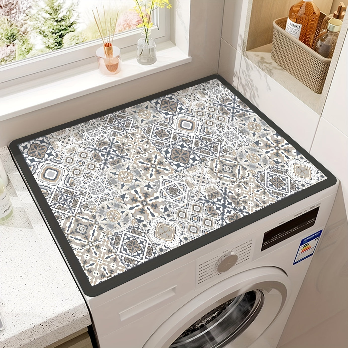 Vibrant Retro Mosaic Washing Machine Cover - Waterproof & Durable Diatomaceous Earth Material, 59.99cm X 50.01cm, Colorful Floral Patterns, Ideal for Kitchen Or Laundry Room Deco
