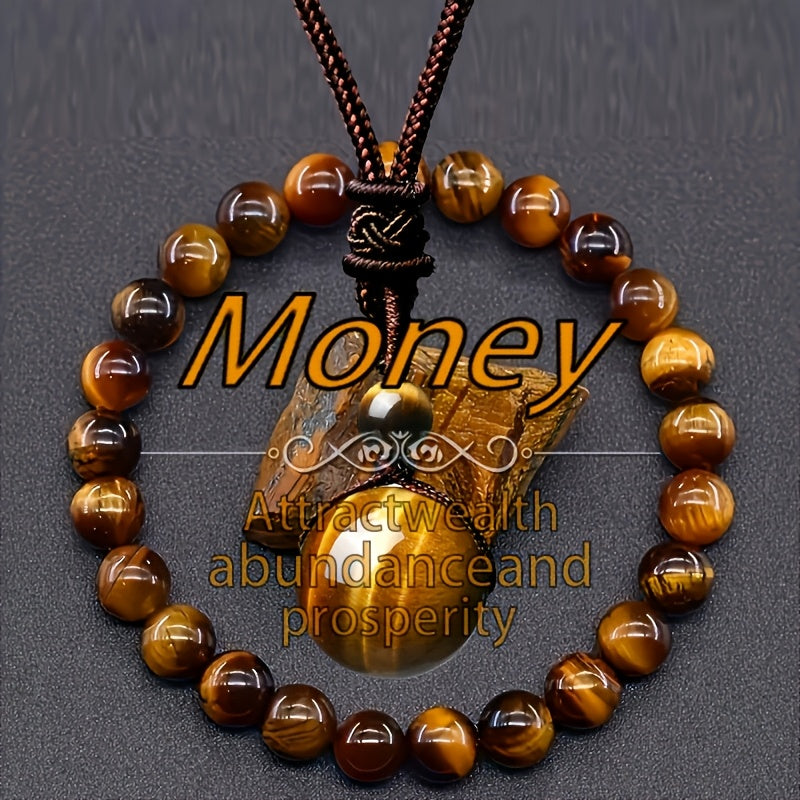 2 PCS  Set of Natural Tiger's Eye Stone Bracelet And Round Tiger's Eye Stone Necklace, Adjustable - Lucky Bracelet - Attract Wealth, Harvest And Prosperity - Suitable for Casual Wear And Special Occasions Jewelry Accessories