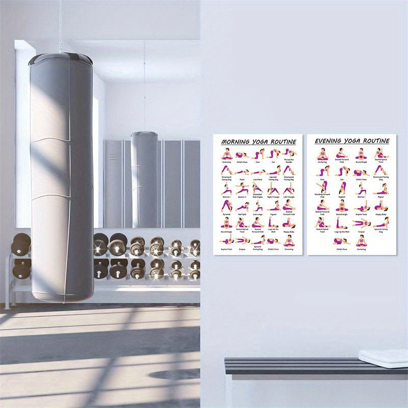 NEW Upgraded 2 PCS Home Gym Morning & Evening Yoga Routine Flow - 20.32x25.4cm Unframed Workout Guide with Poses & Stations for Home Gym, Pilates, and Stretching - White, Fitness Planner, Illustrated Poses, Quality Paper Mate