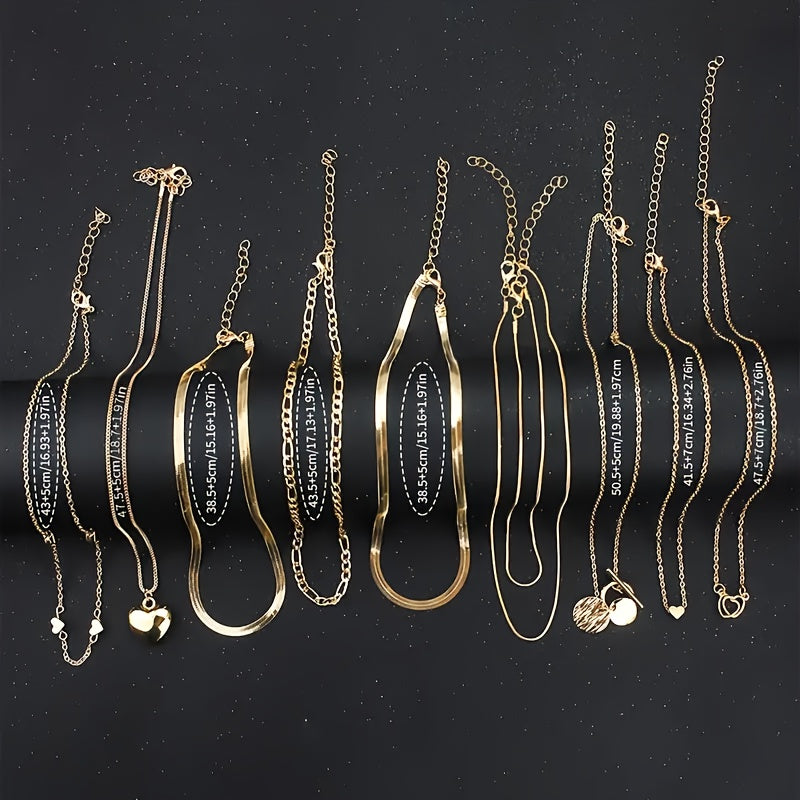 10 PCS Set Luxury Necklace Set Featuring Vintage Heart And Geometric Pendants with Snake Chains And OT Clasps, Perfect for Everyday Wear, Parties, And Gifts Women Jewelry Accessory Sets