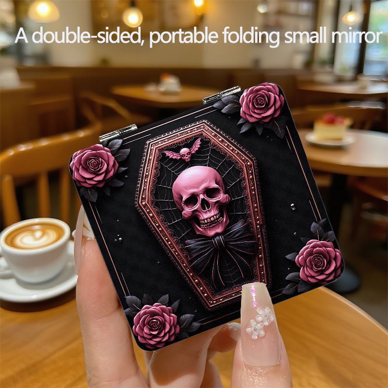 Gothic Skull Coffin Compact Mirror - A Dual-Sided Folding for Makeup Mirror, Perfect for Travel, Featuring Rose Embellishments, Ideal for Halloween Gothic Style, a Pocket Mirror for Women, And a Distinctive Gift for Makeup En
