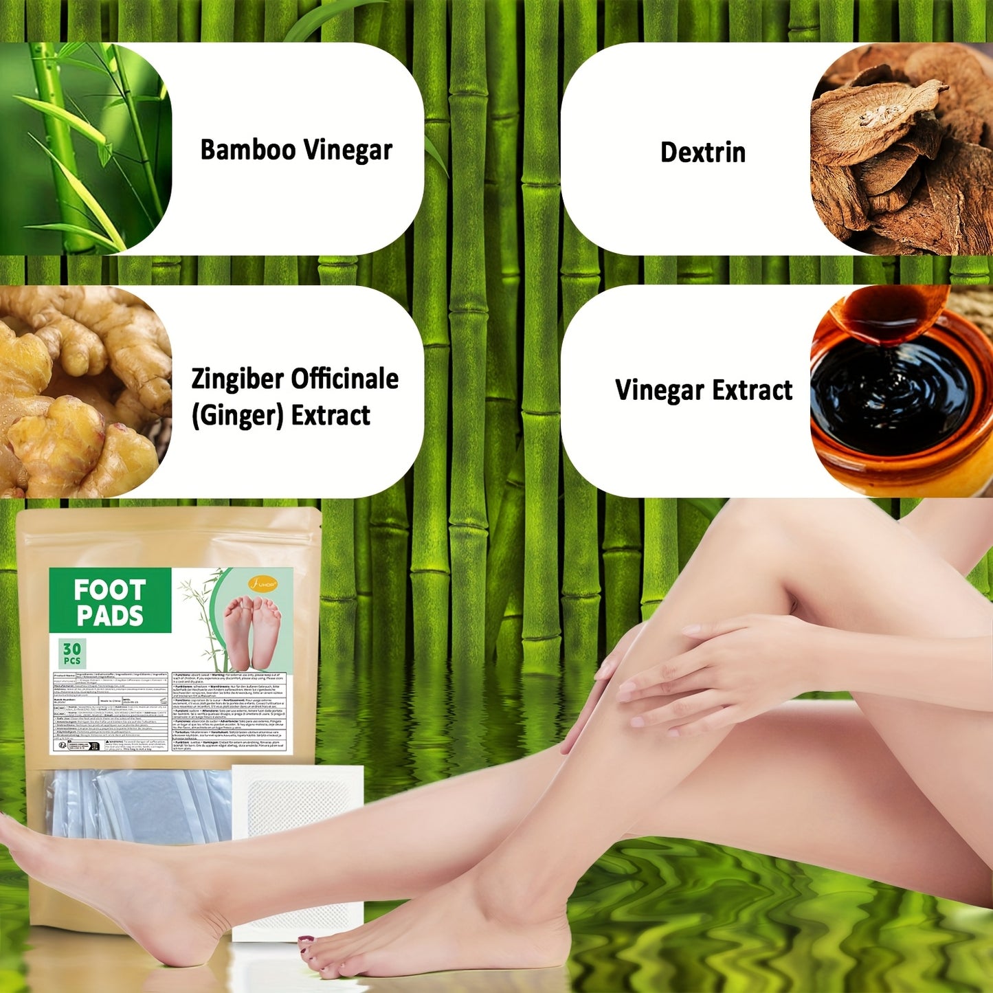 30 PCS Set Foot Patches, Natural Bamboo Wood Vinegar + Ginger Powder Foot Pads for Foot Care, After Foot Bath Pain Relief Relaxation Pads Outdoor Running Gym Cycling Health Care Accessories