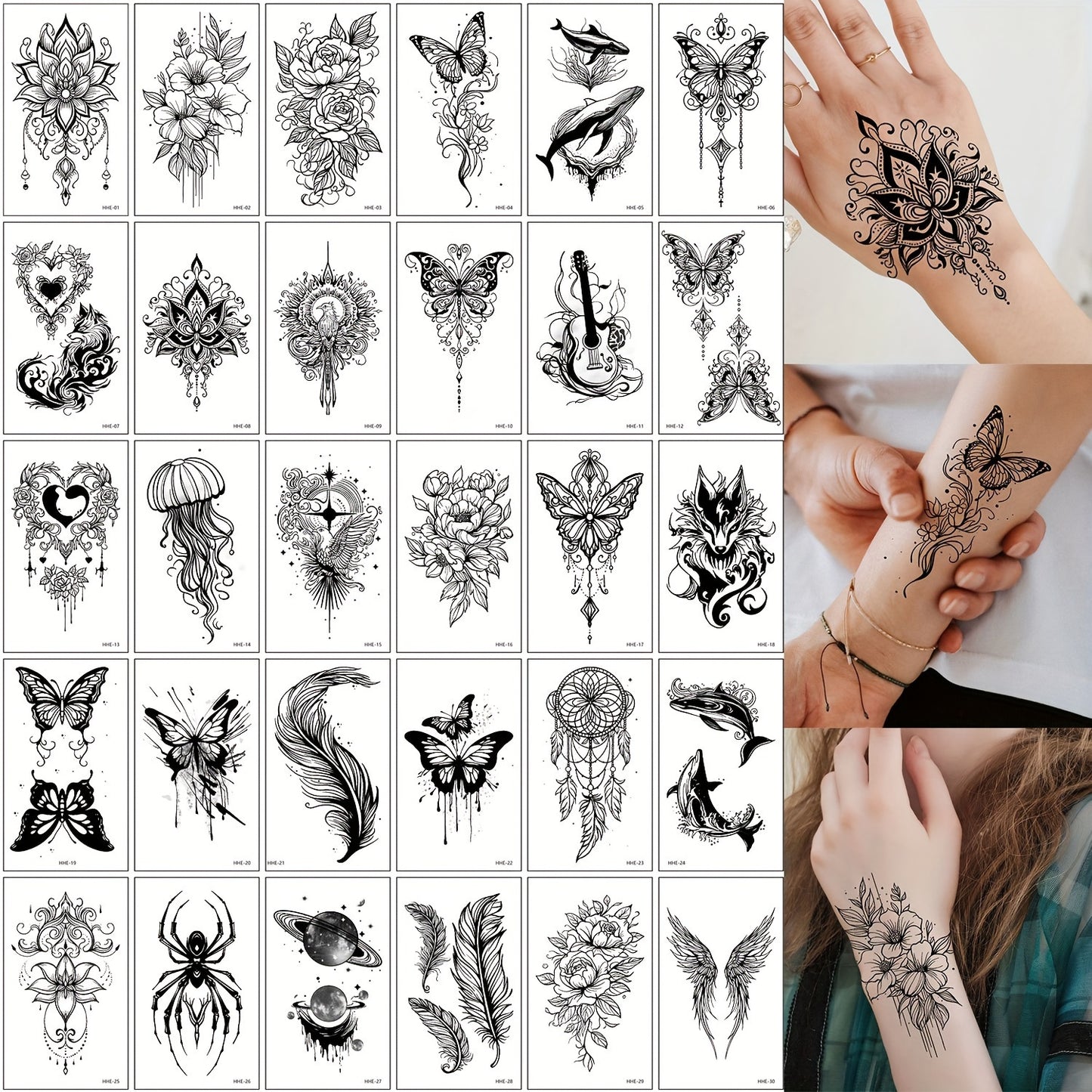 30 SHEETS Set Temporary Tattoo Stickers, Black Butterfly Feather Wind Chime Wings Planet Spider Guitar Flower Heart Pattern Tattoo Stickers, Body Wrist Collarbone Art Waterproof Fake Tattoo Stickers Suitable for Women, Tempor