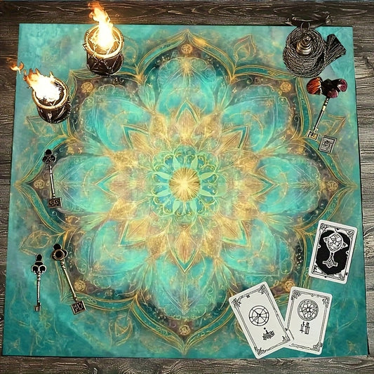 1pc Tarot Tablecloth - Mystical Mandala Altar Cloth with Turquoise and Golden Patterns, Durable Polyester Material, Suitable for Tarot Reading, Séance Parties, Meditation - Easy-to-Clean Spiritual Decor, Witchcraft Rituals,