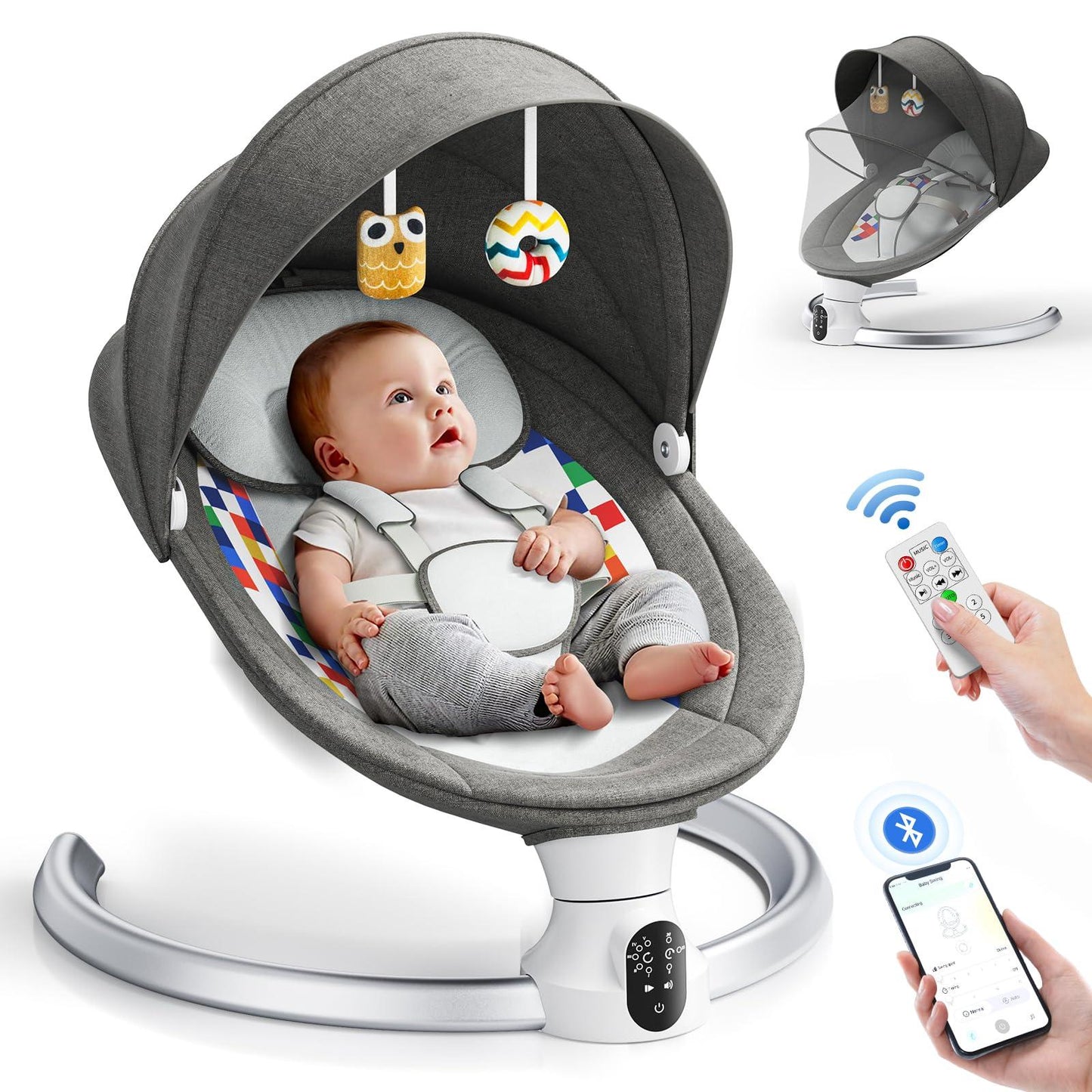 NEW Arrivals Baby Bouncer Chair for Infants, APP Remote Control Baby Swing with 5 Point Safety Harness 5 Swing Speeds 3 Timers and 10 Music, Automatic Rocker for Newborn 0-6 Month Max 9 kg
