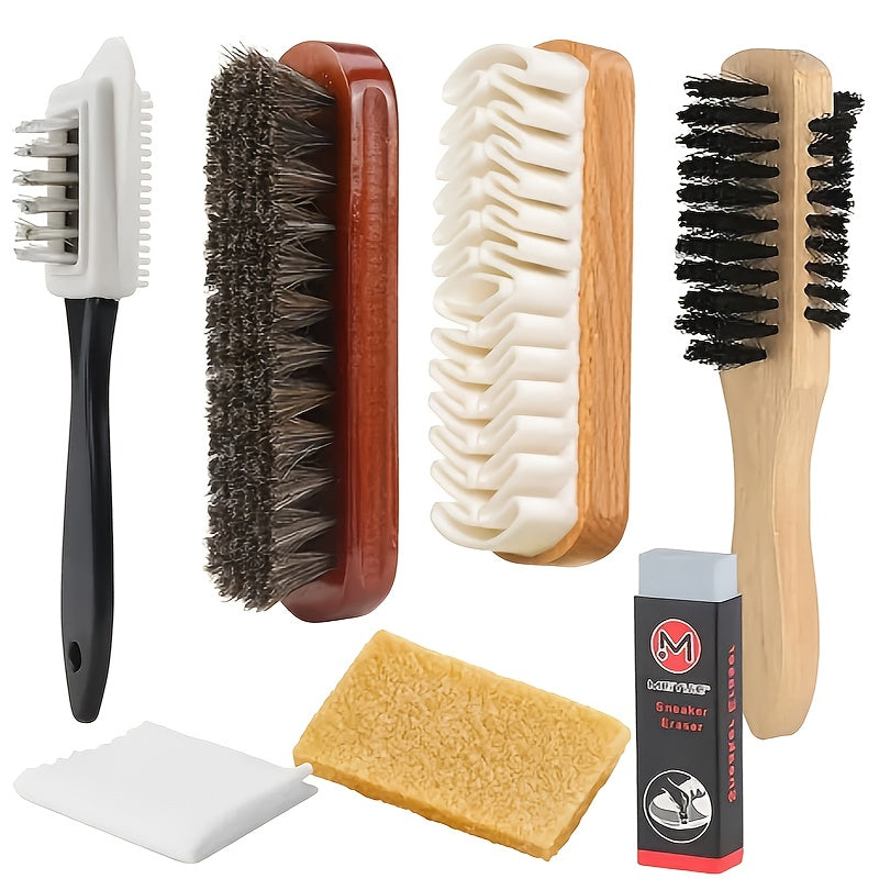NEW 7pcs Variety Shoe Brush Kit - Double-Sided Shoe Polish Applicator & Horse Hair Brushes for Polishing - Nubuck & Suede Brush for Shoes, Soft Leather Cleaning with Microfiber Cloth